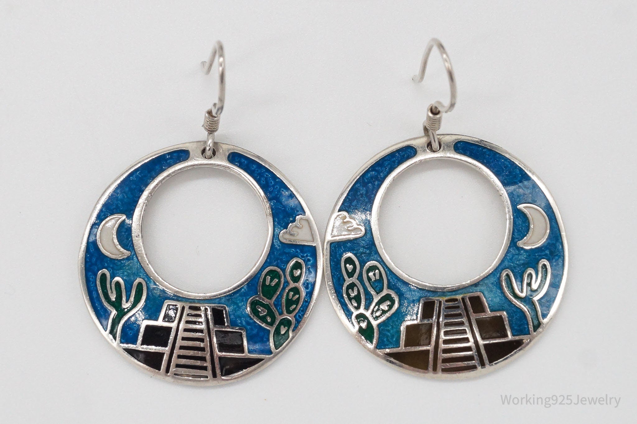 Vintage Taxco Storyteller Enamel Sterling Silver Earrings