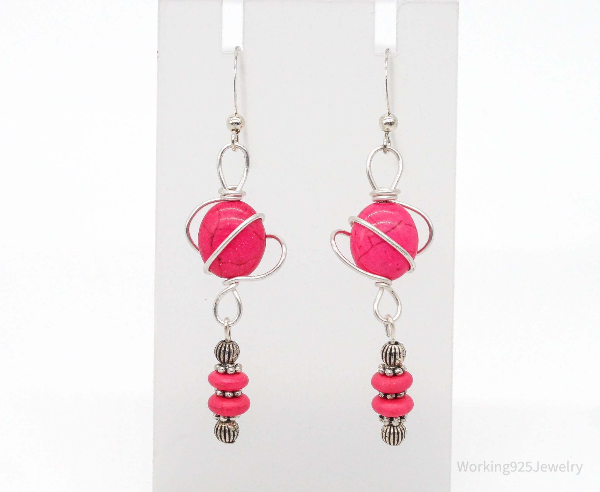 Vintage Pink Howlite Silver Earrings