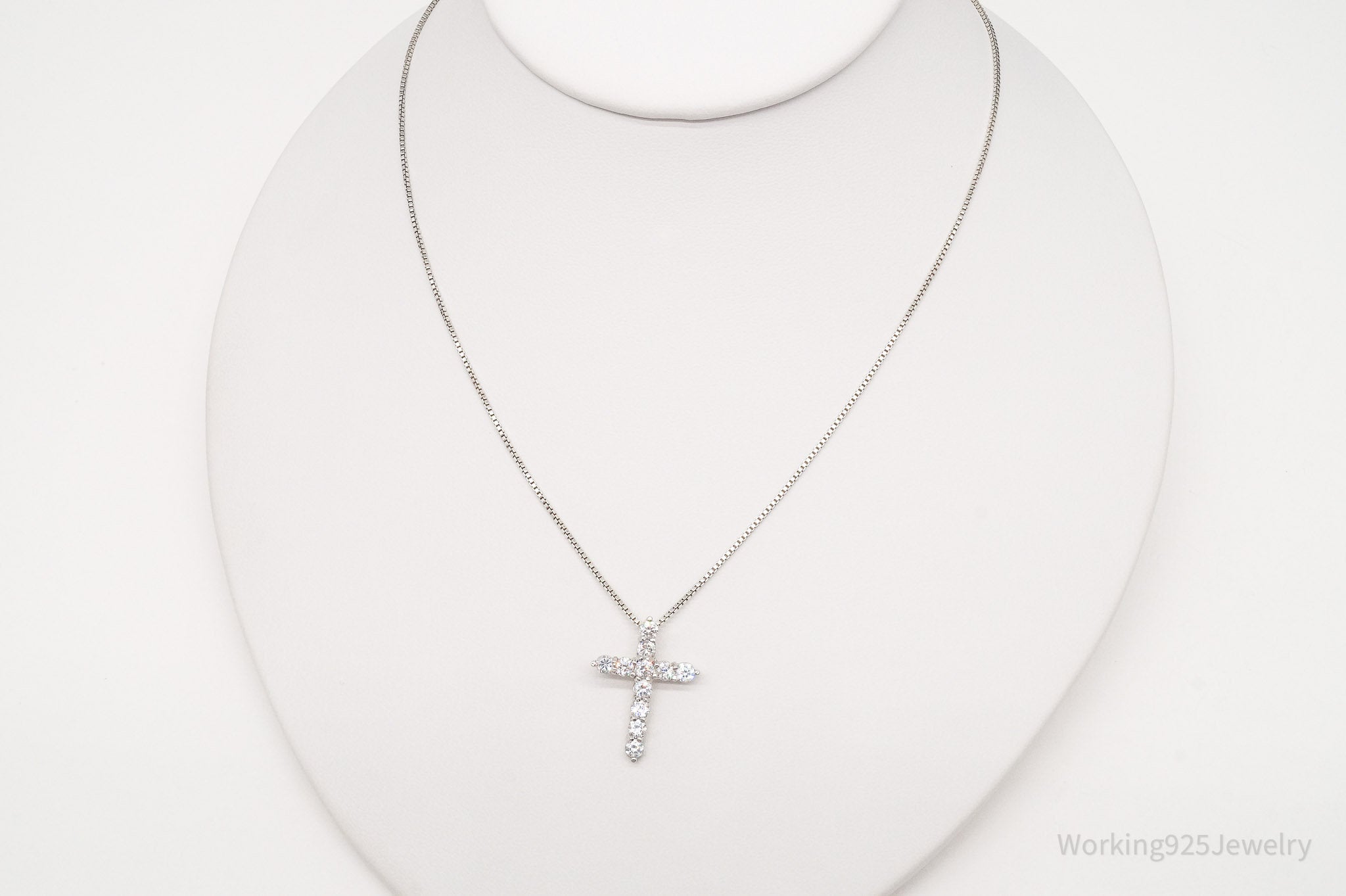 Vintage Cubic Zirconia Cross Sterling Silver Necklace 16"