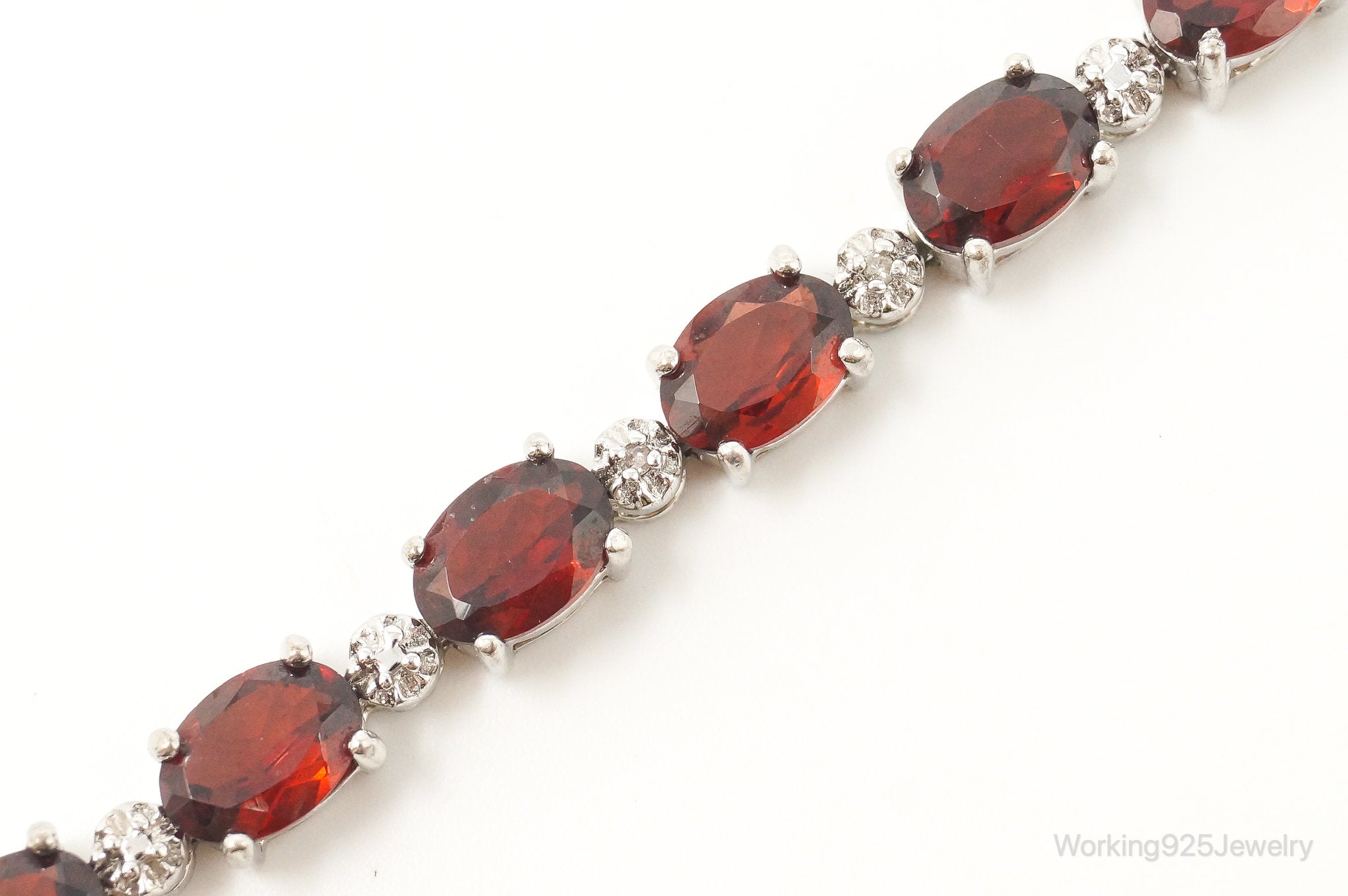 Vintage Red Garnet 2 Diamond Sterling Silver Bracelet