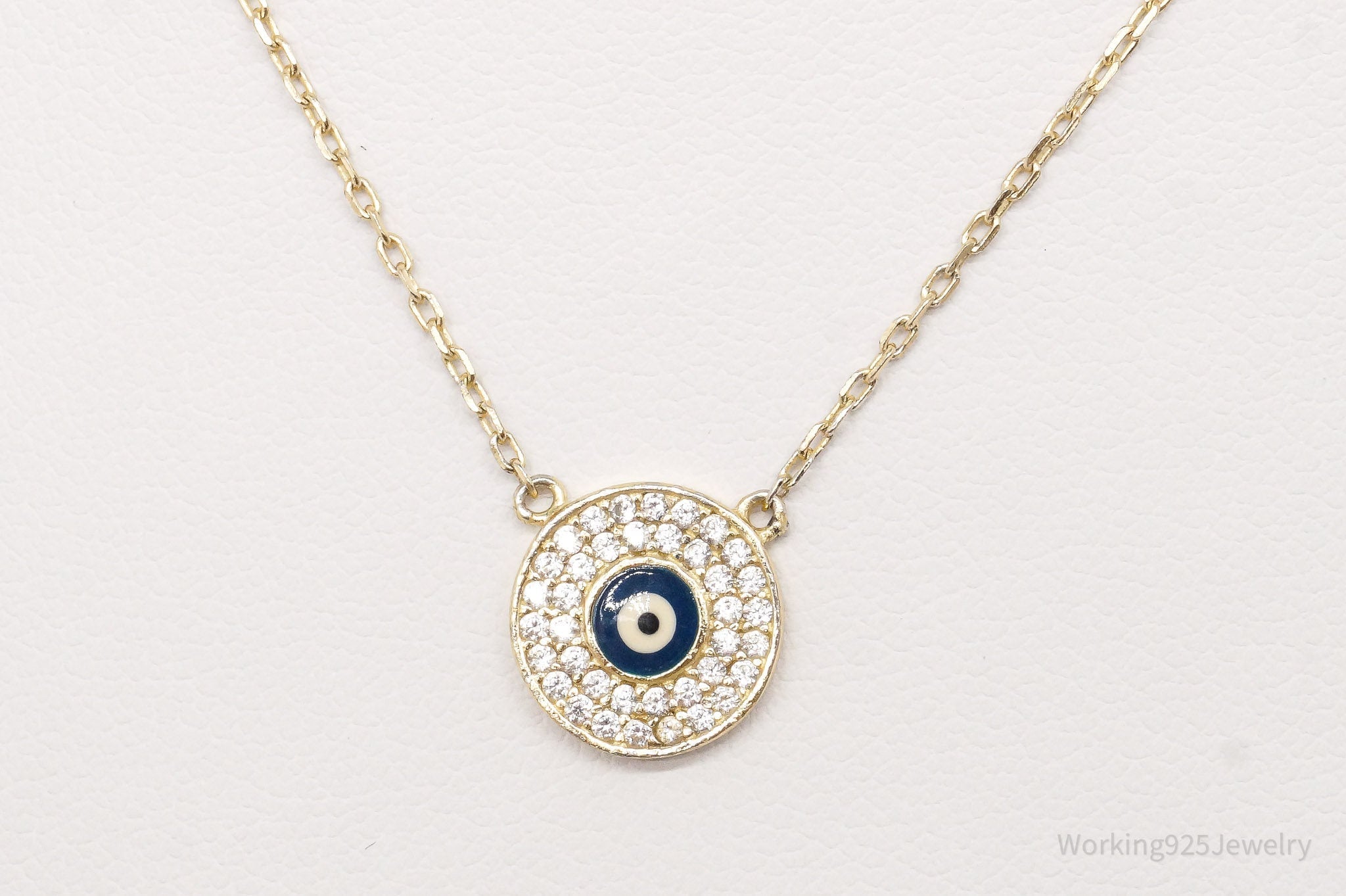 Vintage Evil Eye Cubic Zirconia Gold Vermeil Sterling Silver Necklace 18"