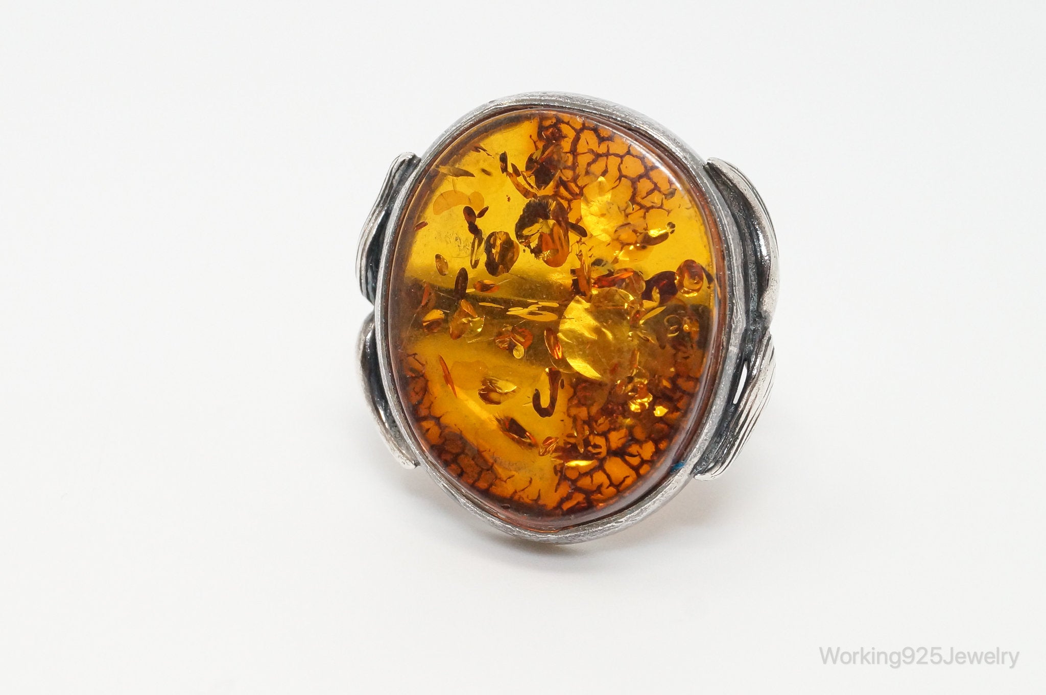 Vintage Large Honey Baltic Amber Sterling Silver Ring Size 7.5