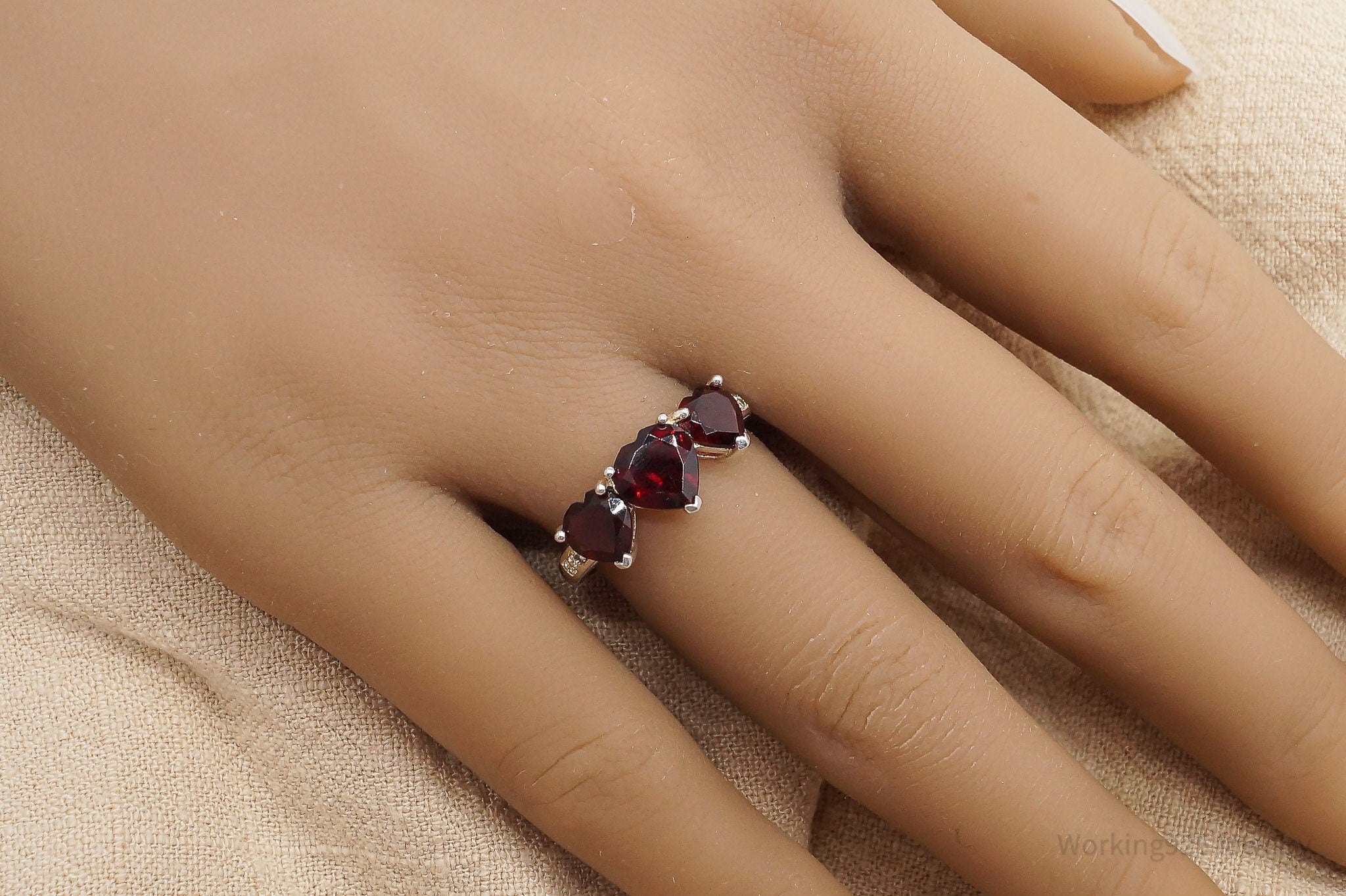 Vintage Garnet Hearts & Cubic Zirconia Sterling Silver Ring - Size 6.75