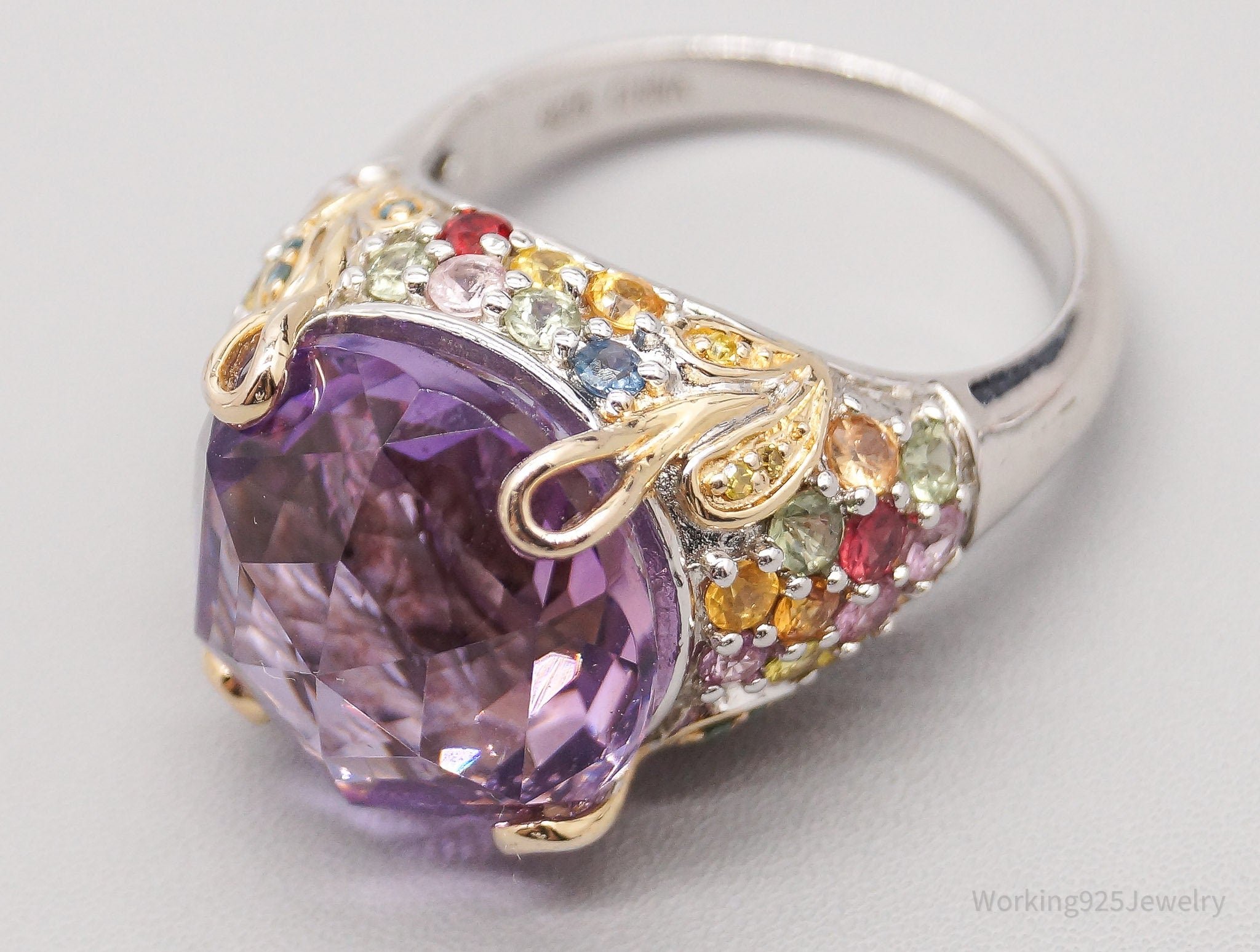 Vintage Large Amethyst Multi Color Sapphire & Diamond Gold Sterling Silver Ring - Size 9.75