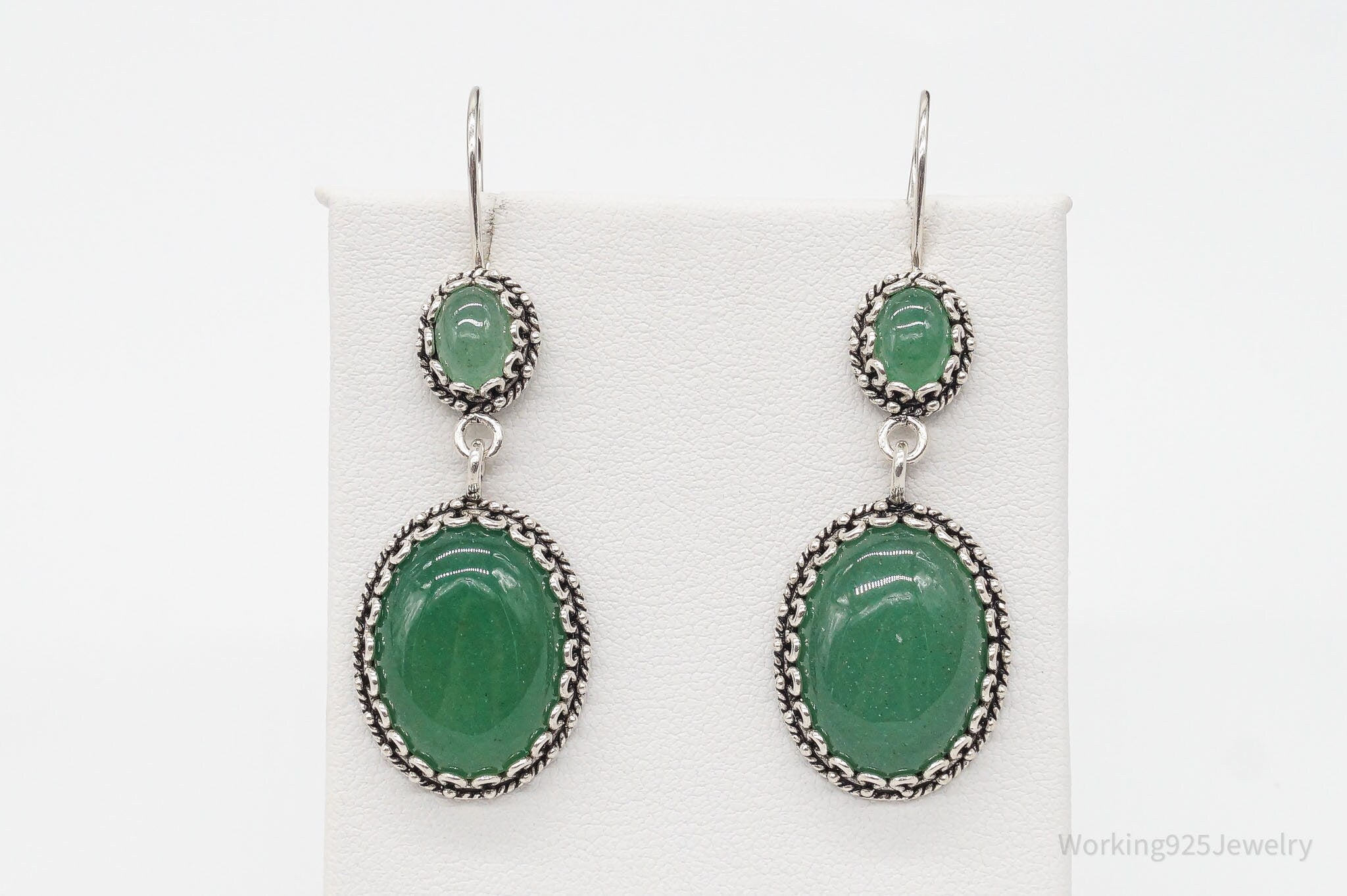 Vintage Turkey Designer DGS Green Aventurine Sterling Silver Earrings