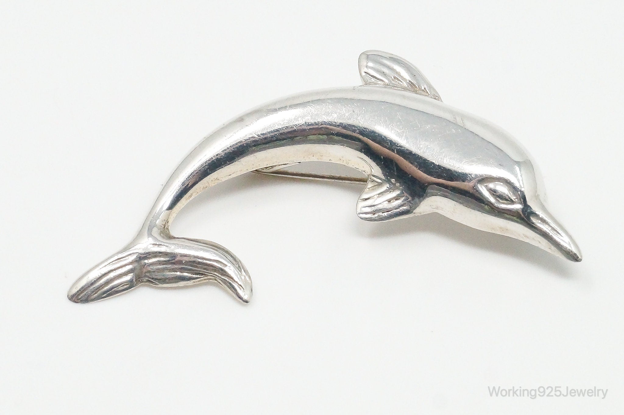 Vintage Large Dolphin Sterling Silver Brooch Pin Pendant