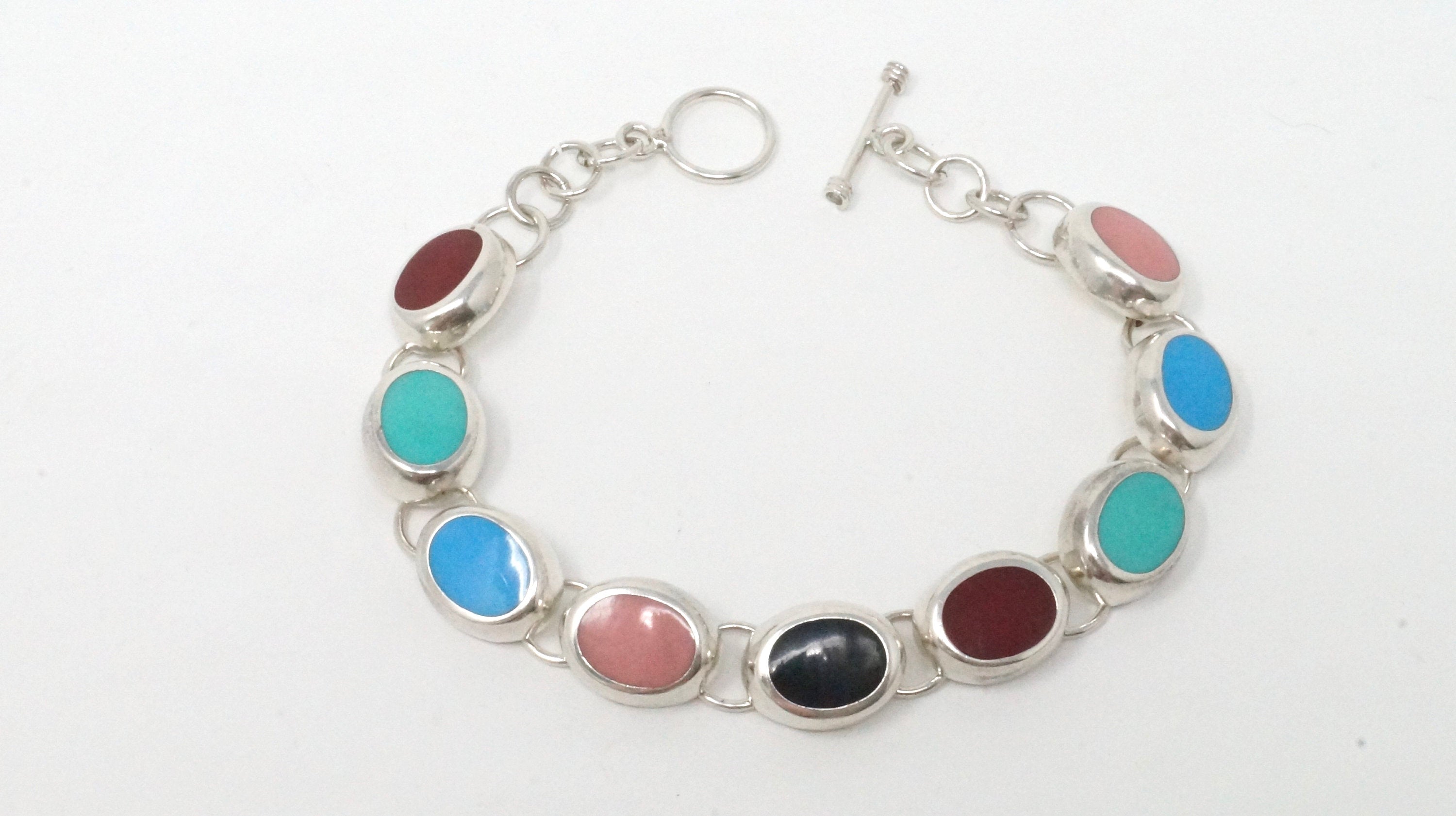 Vintage Mexico Multi Color Inlay Sterling Silver Toggle Bracelet