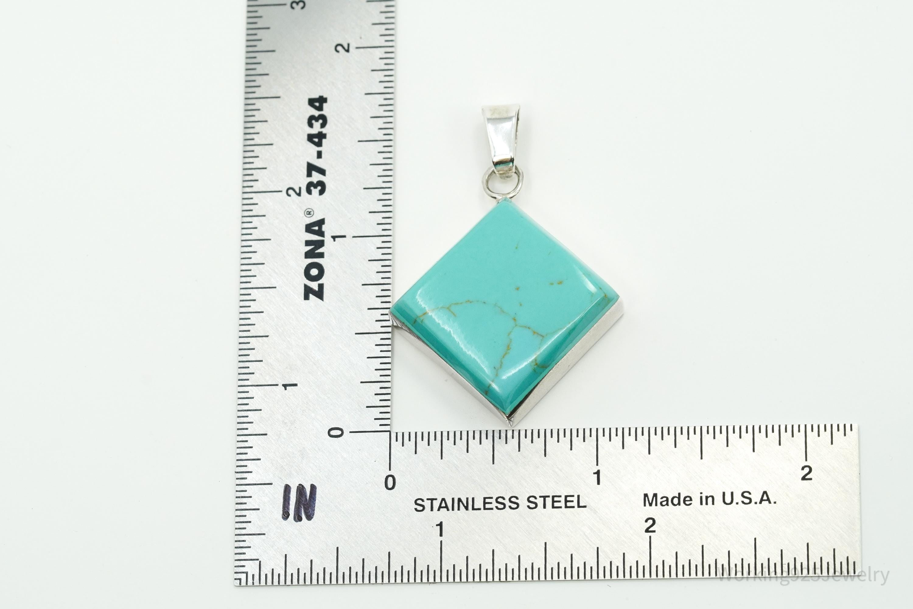 Vintage Turquoise Square Sterling Silver Necklace Pendant