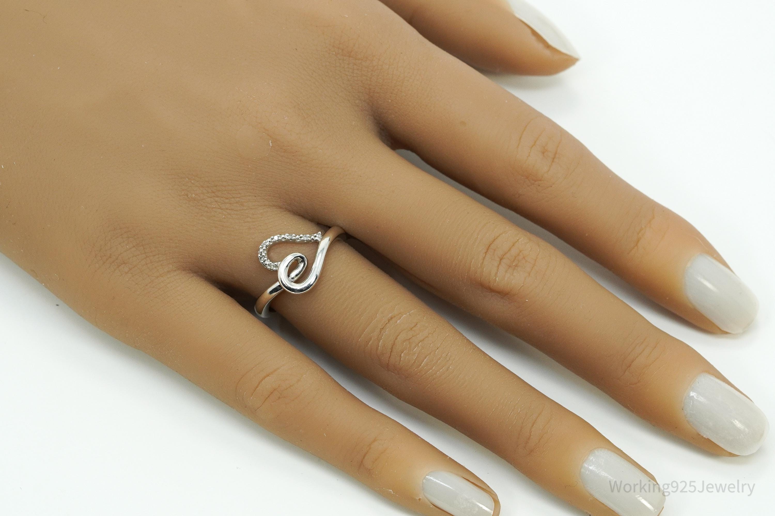 Vintage SUN White Diamond Heart Sterling Silver Ring - Size 6.75