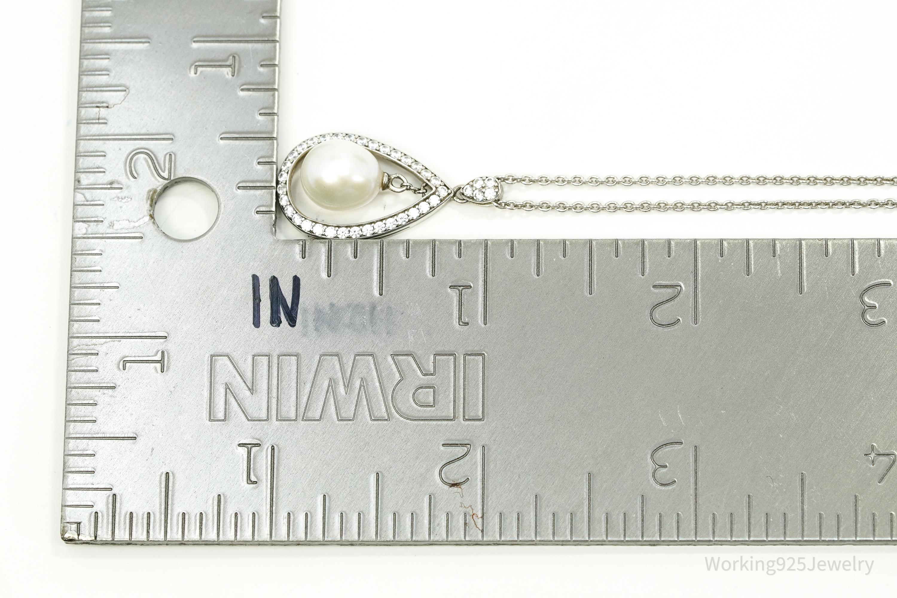 Vintage Pearl & Cubic Zirconia Sterling Silver Necklace 17"
