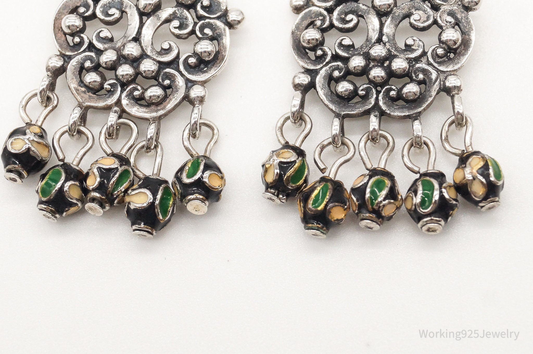 Vintage Thai Chandelier Cloisonne Bead Sterling Silver Earrings