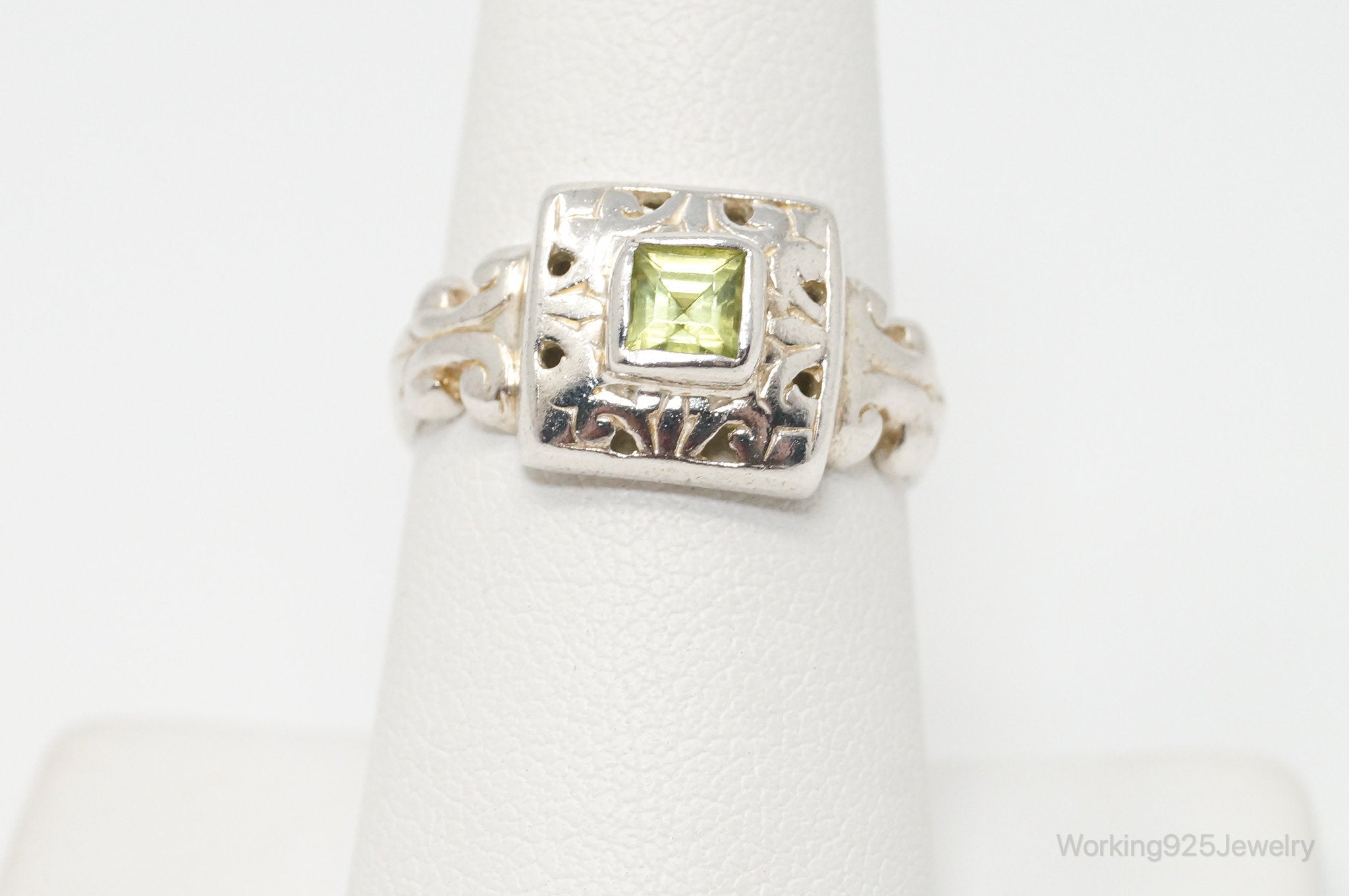 Vintage Peridot Scroll Sterling Silver Ring - Sz 7.75