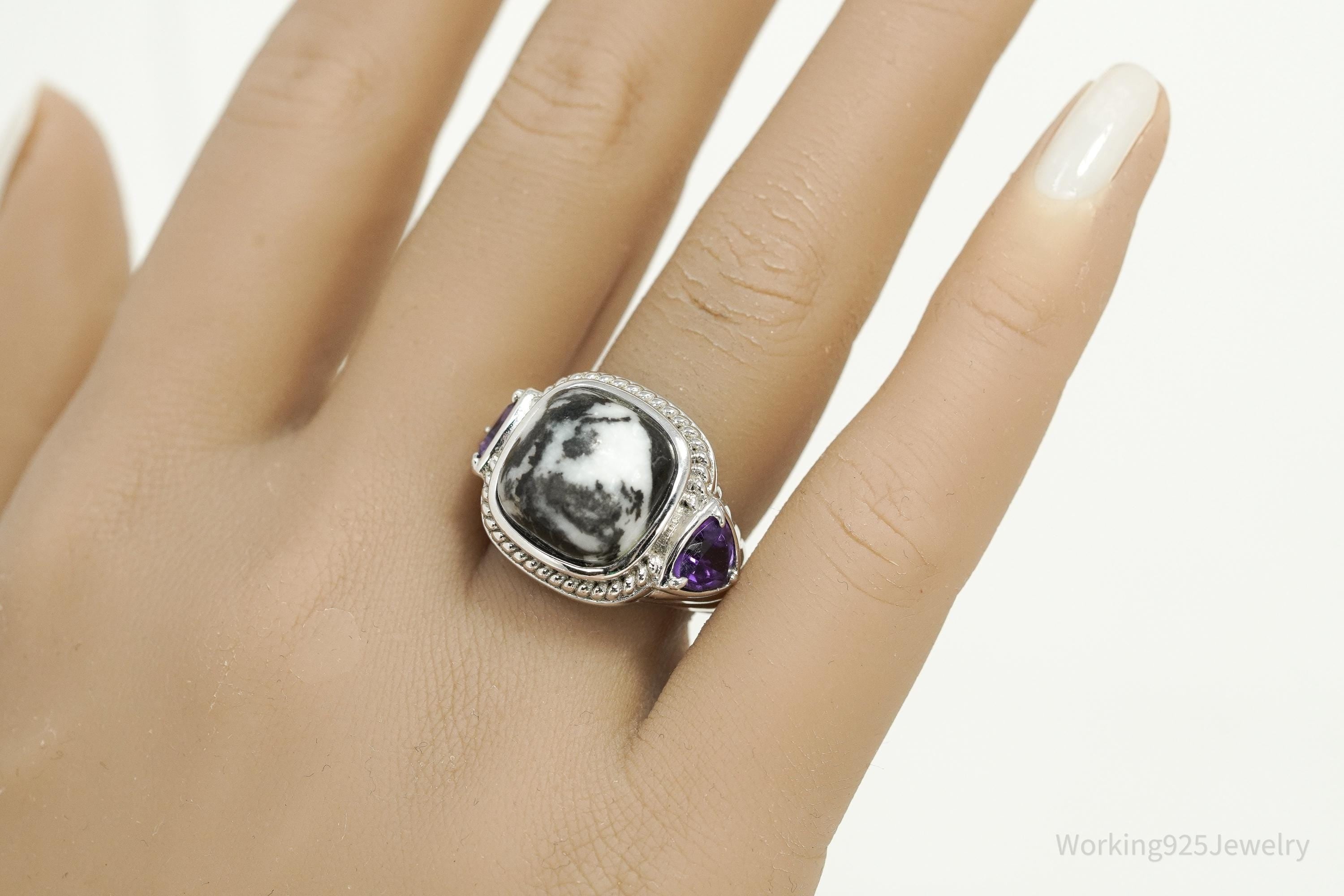 Vintage Black & White Gemstone Amethyst Sterling Silver Ring – Size 7
