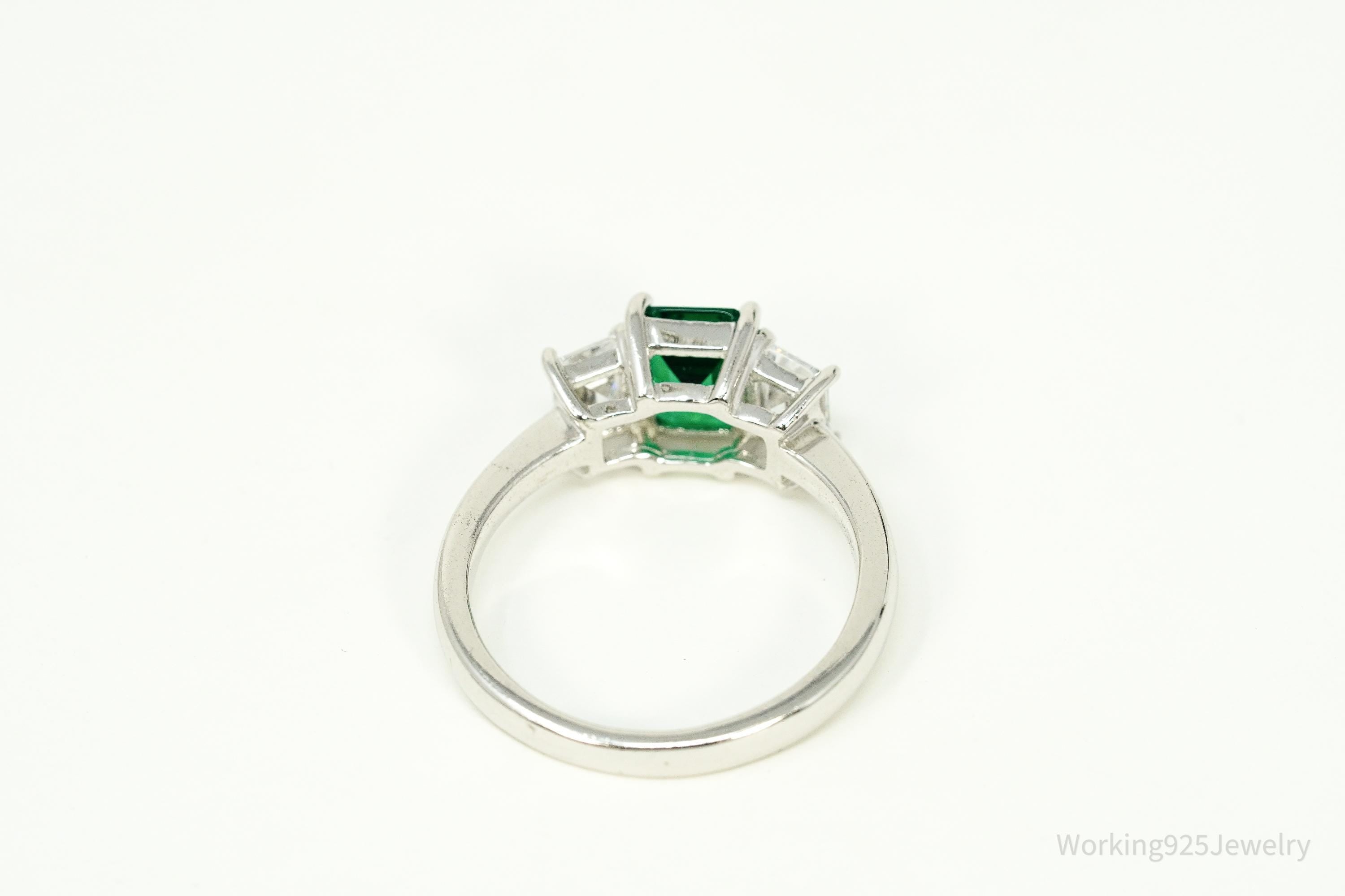 Vintage Lab Emerald & Cubic Zirconia Sterling Silver Ring - Size 8