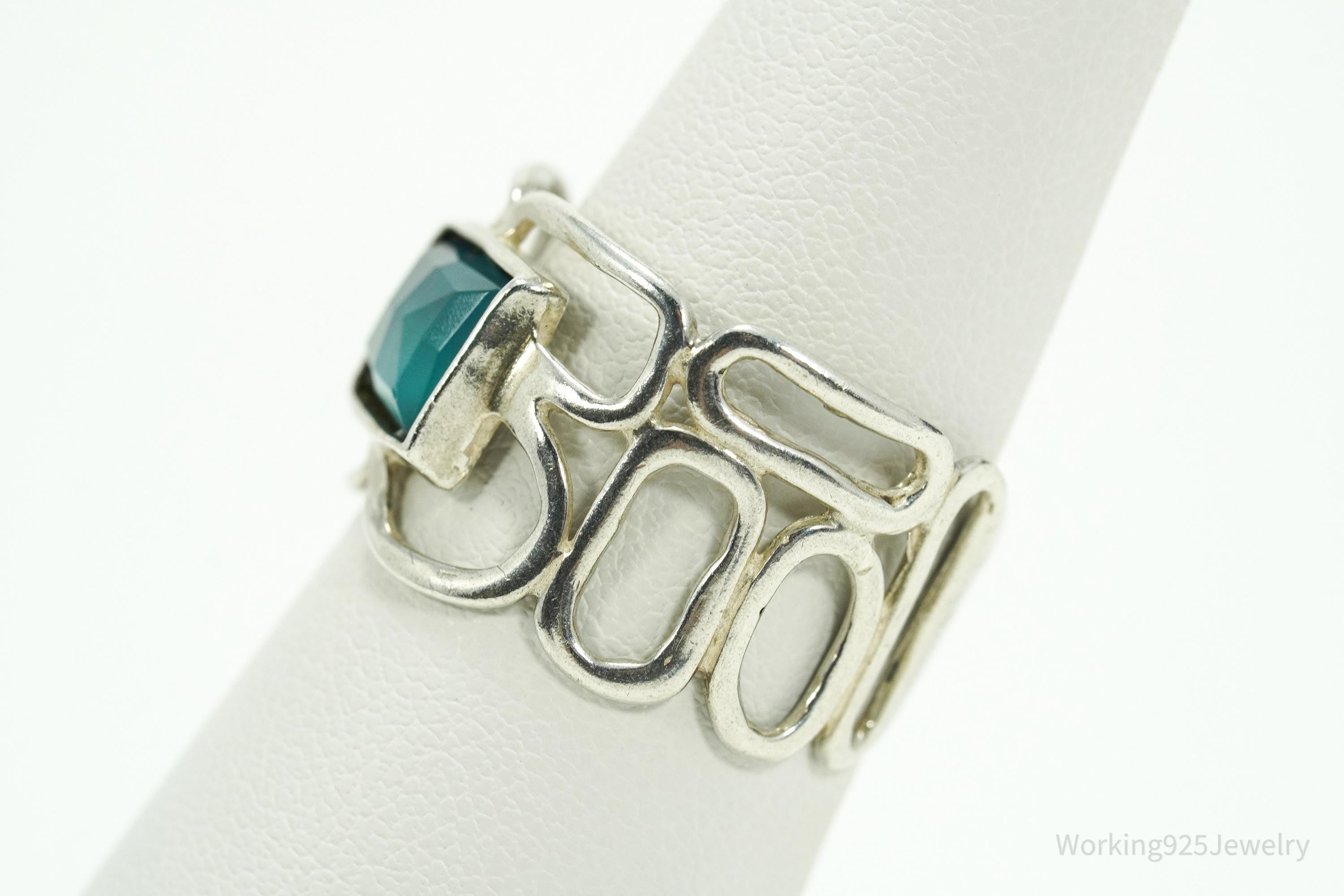 Vintage Teal Chalcedony Modernist Style Sterling Silver Ring - Size 6.75