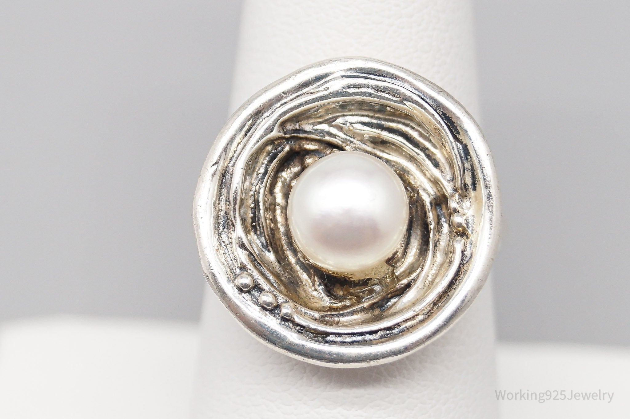 Vintage Designer White Pearl Modernist Sterling Silver Ring - Size 8