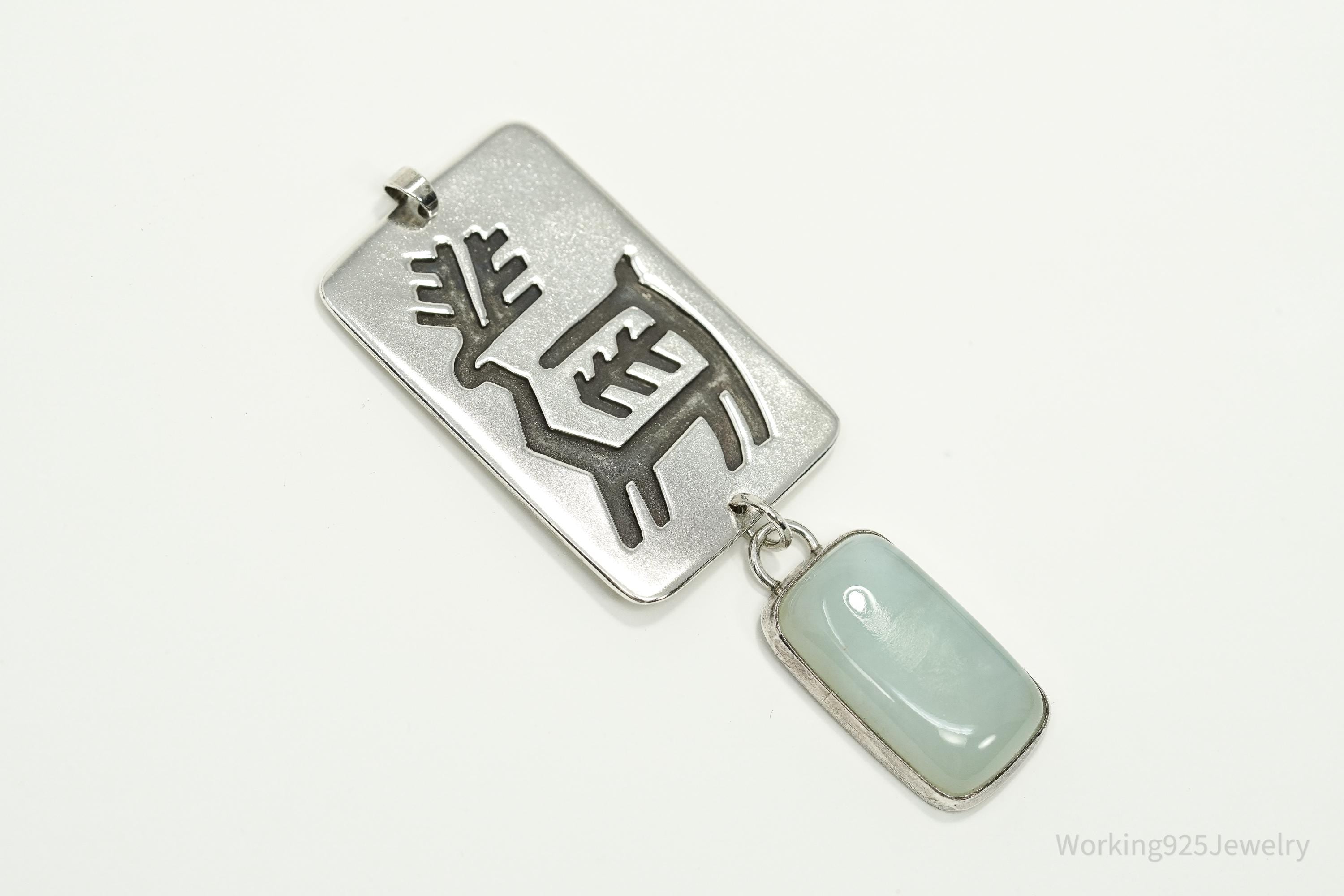 Large Vintage Native American Aqua Chalcedony Sterling Silver Pendant 2.75"