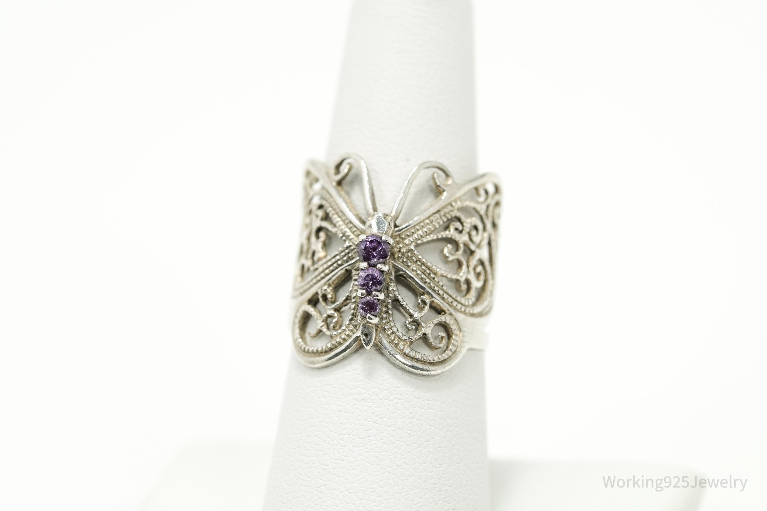 Vintage Amethyst Butterfly Sterling Silver Ring - Size 7.75