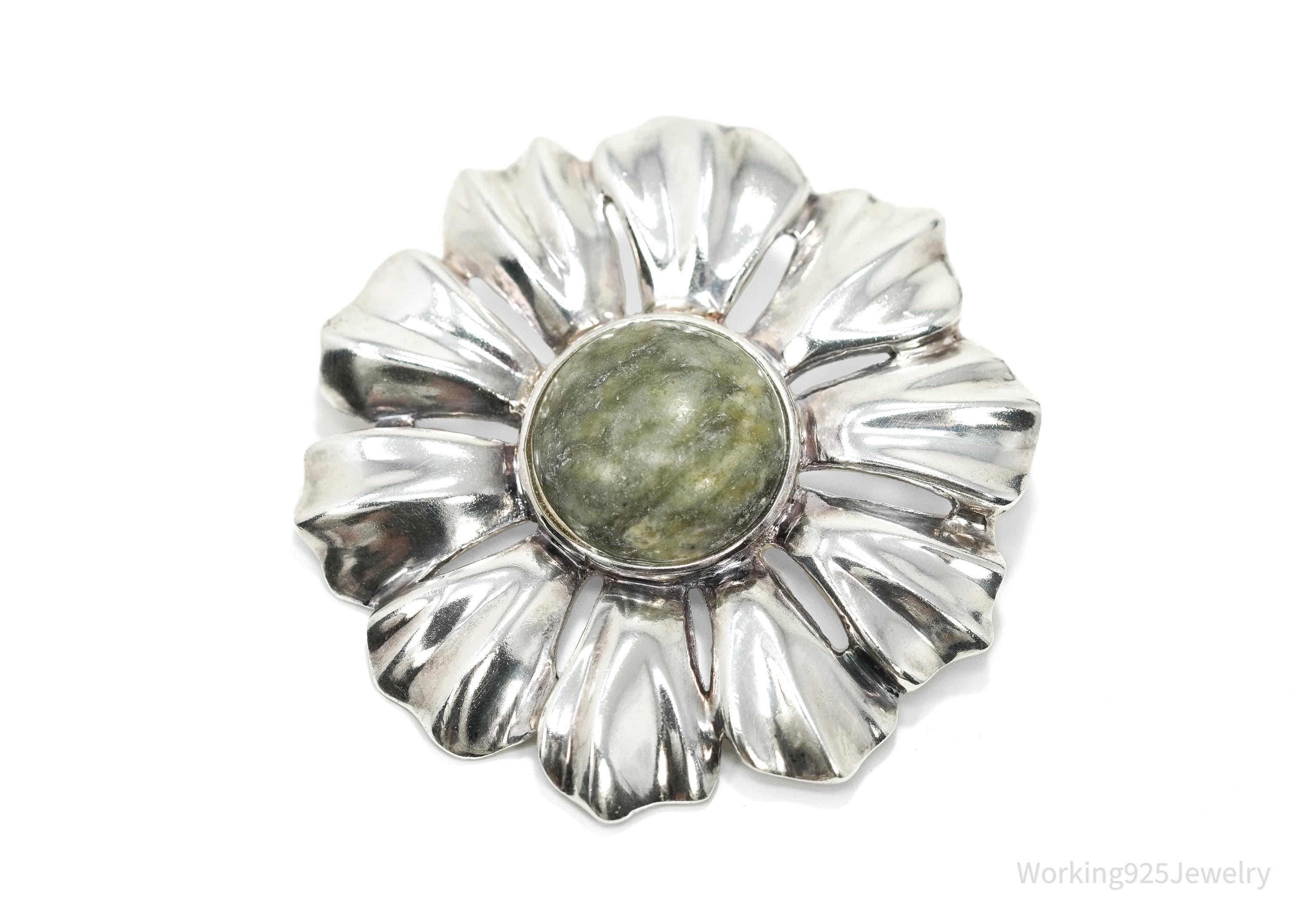 Large Vintage 1990s Connemara Marble Sterling Silver Flower Irish Brooch Pendant 1.75"