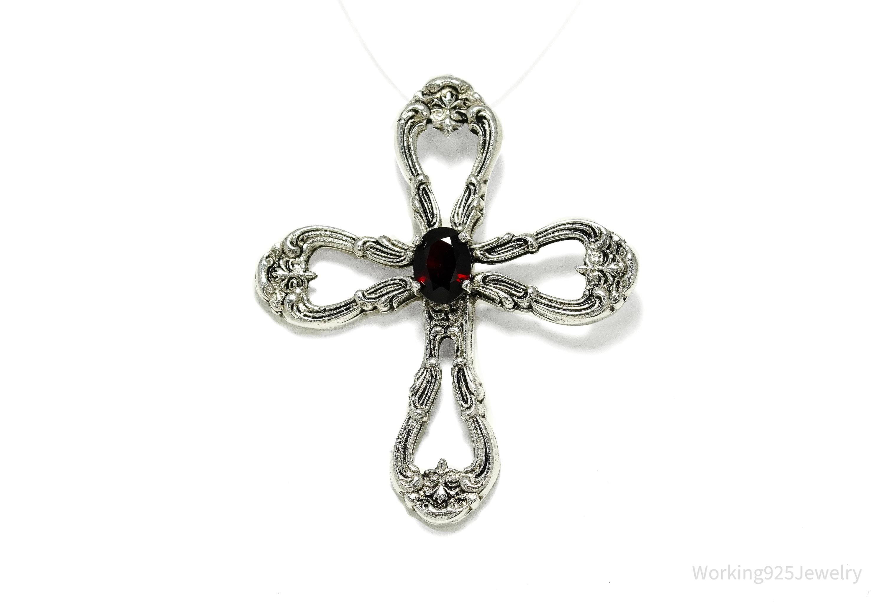 Vintage Designer Gorham Garnet Ornate Sterling Silver Cross Necklace Pendant