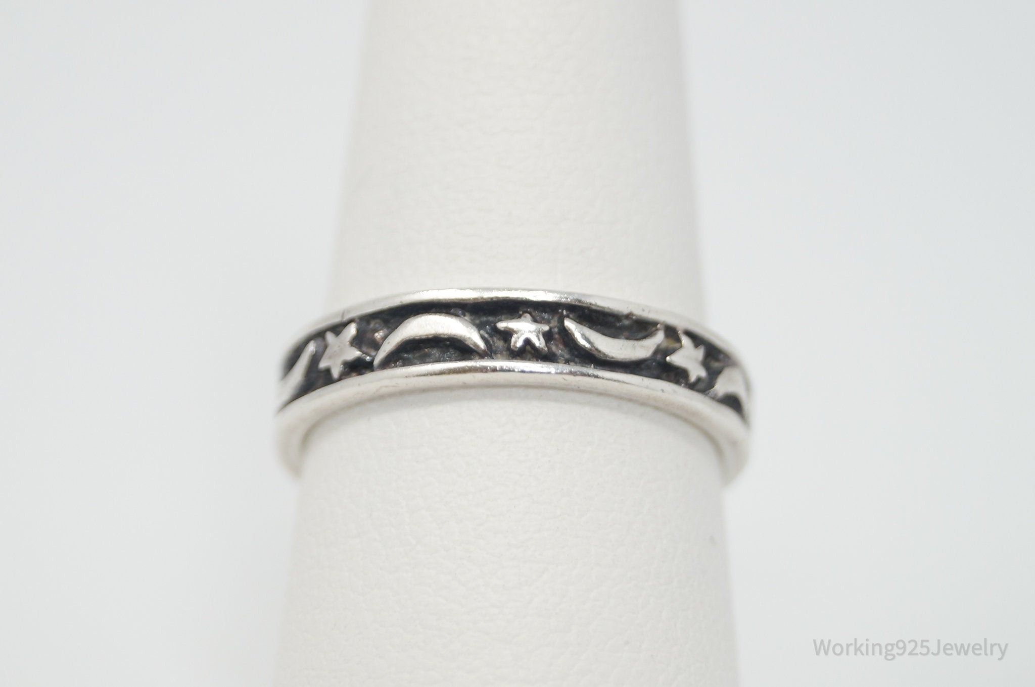 Vintage Star Galaxy Moon Lunar Oxidized Sterling Silver Band Ring - Size 7