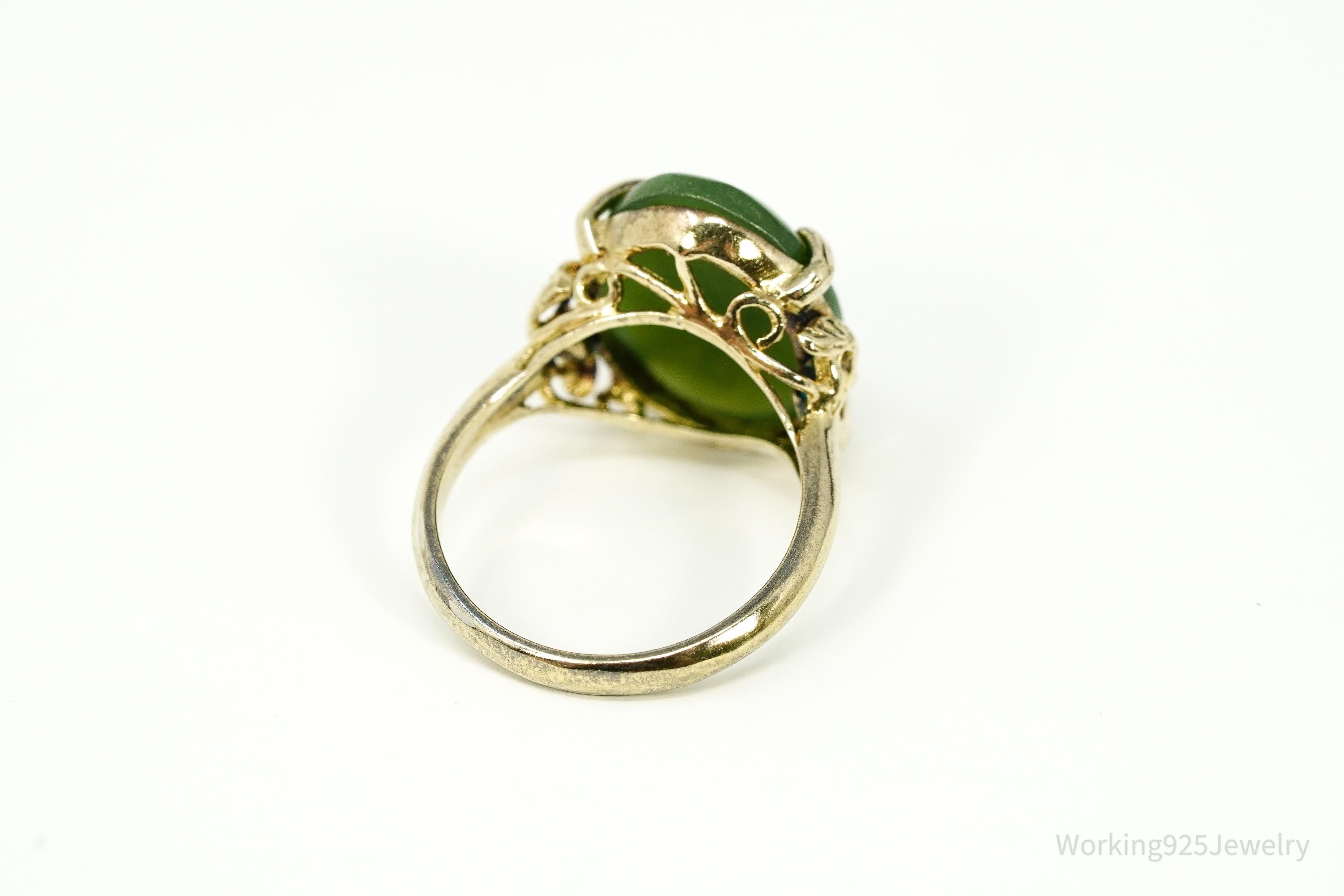 Vintage Green Jade Gold Over Sterling Silver Ring Size 6.75