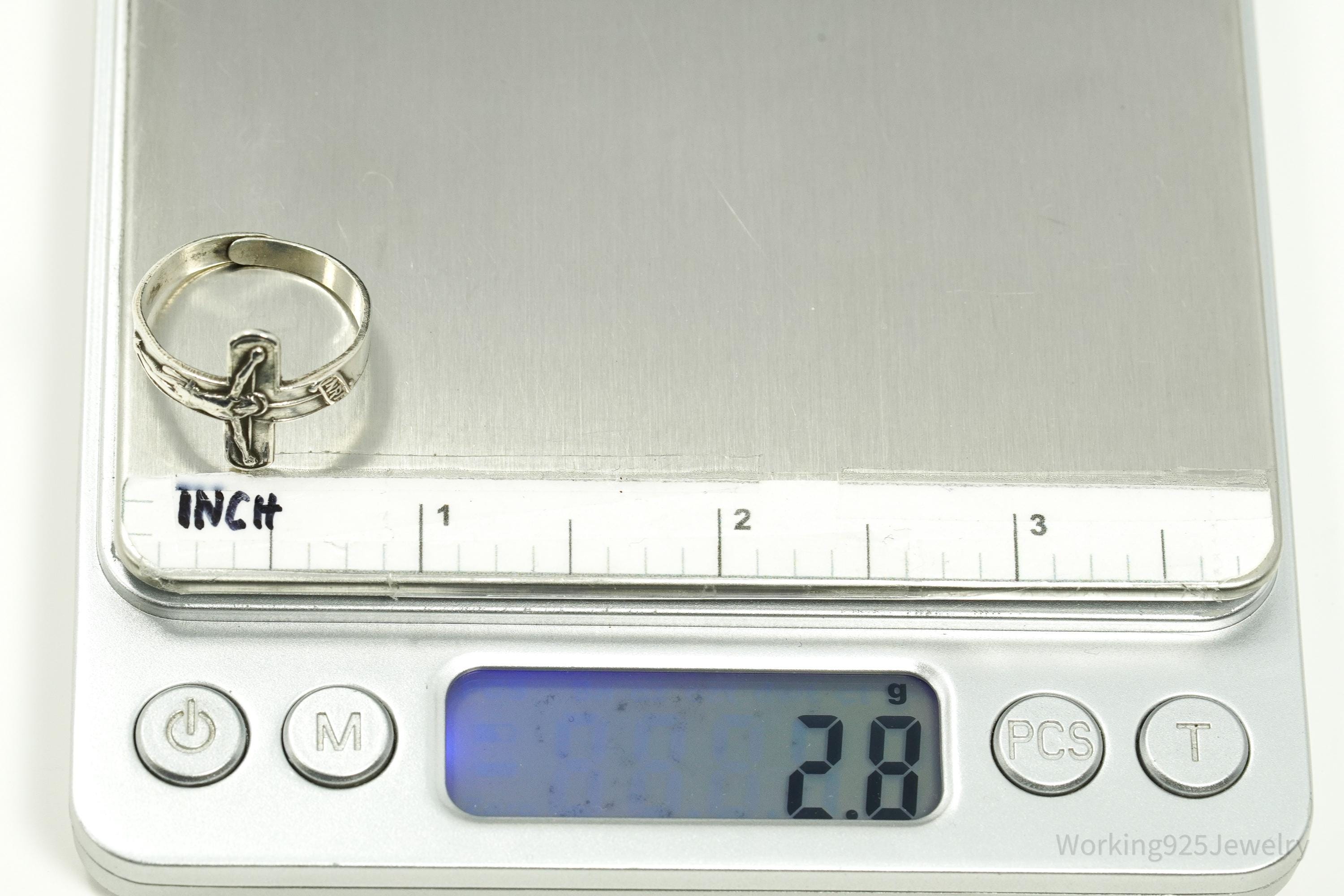 Vintage Crucifix Cross Sterling Silver Ring - Size 8.75 Adjustable