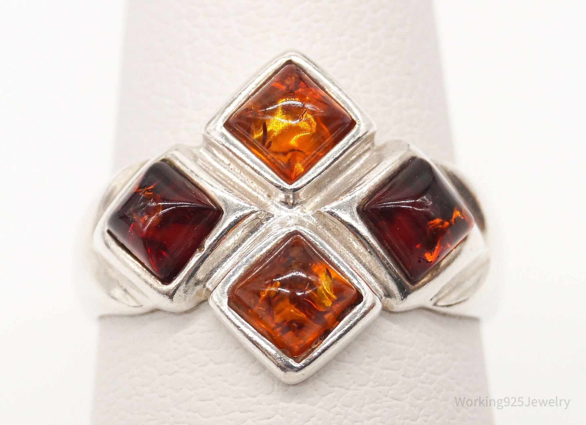 Vintage Modernist Amber Sterling Silver Ring - Size 6.5