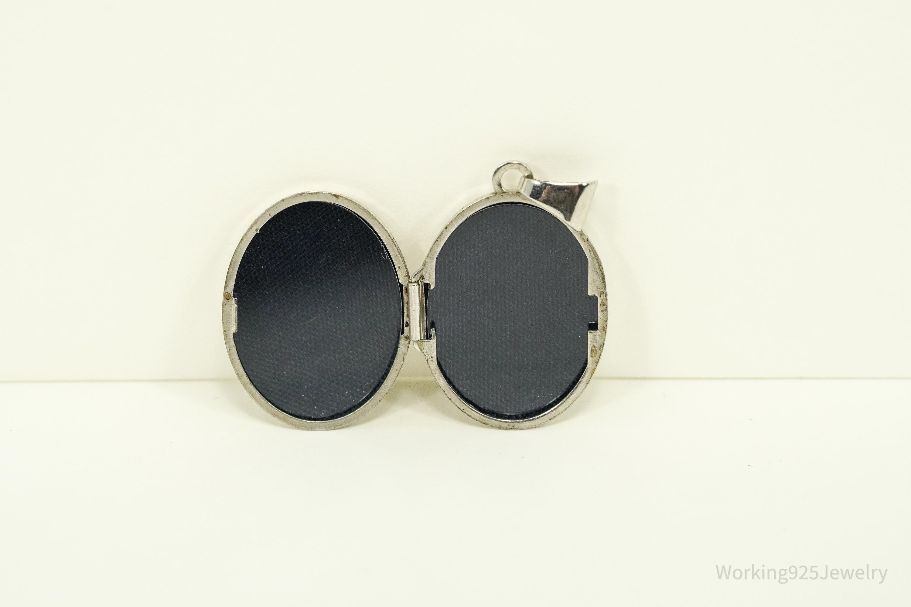 Vintage Flower Etched Oval Silver Locket Pendant 1 1/8"