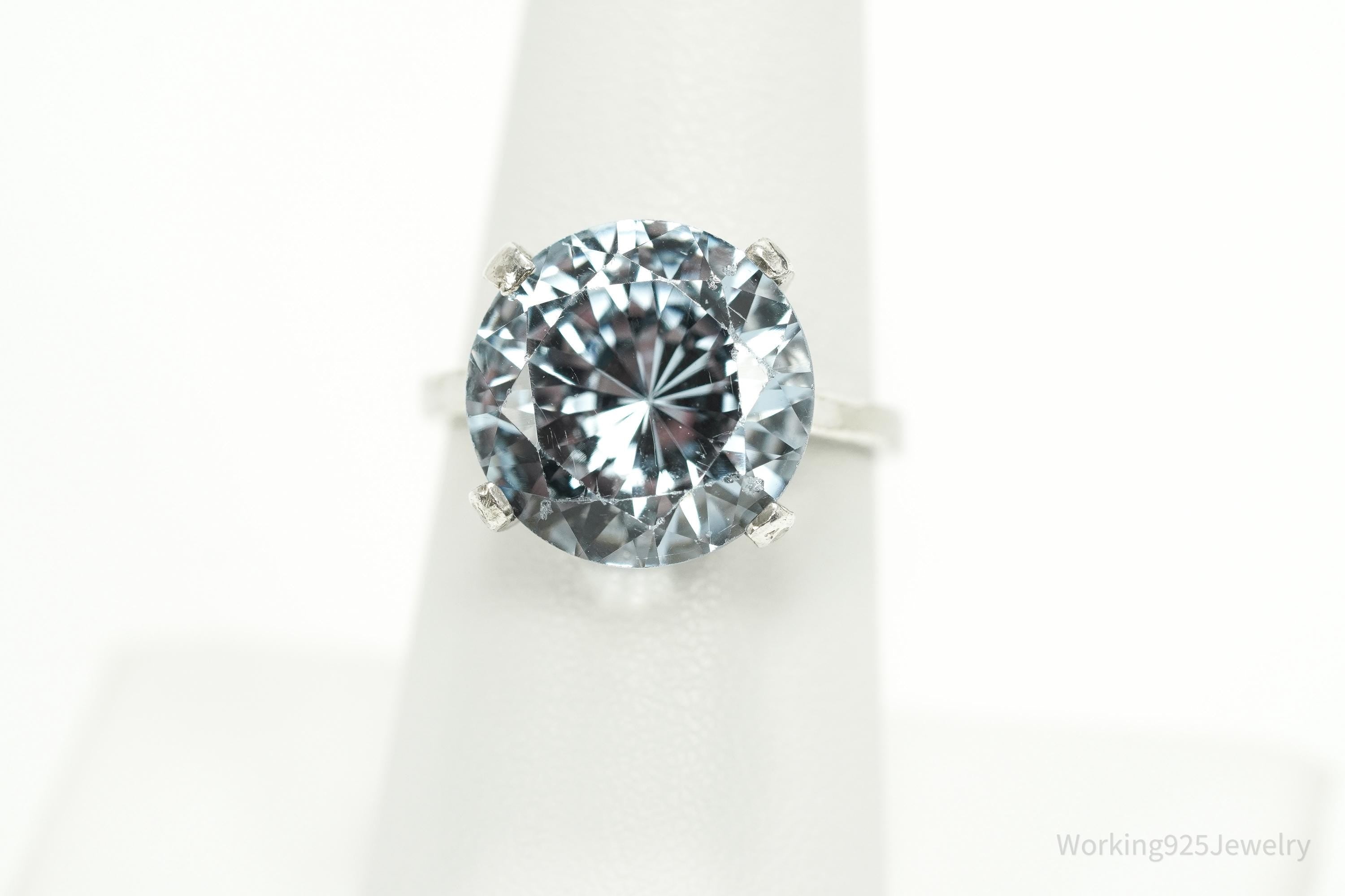 Vintage Large Light Blue Spinel Sterling Silver Rhodium Plated Ring - Size 7.25