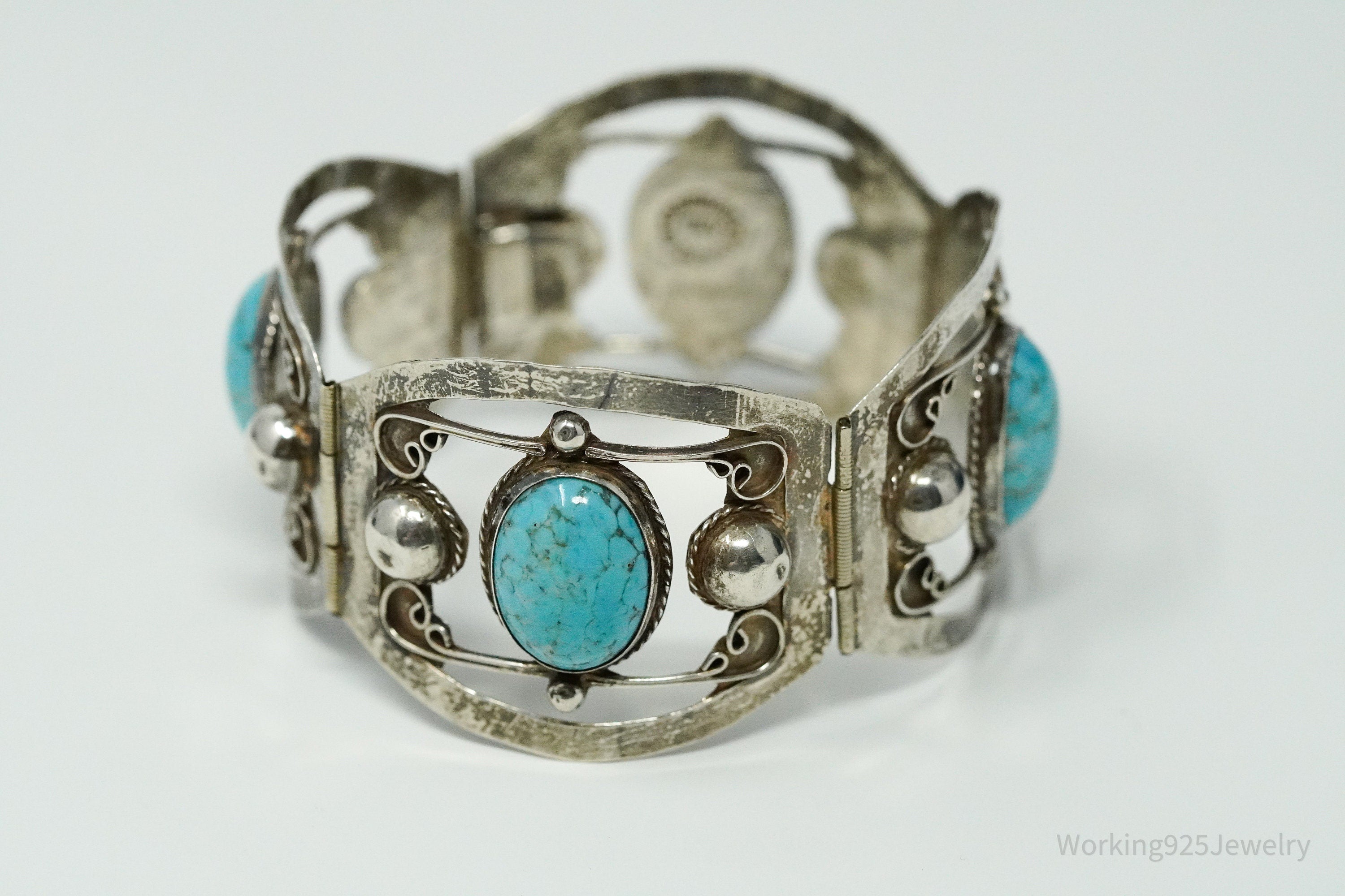 Vintage Mexico Glass Turquoise Sterling Silver Bracelet - 6.75"