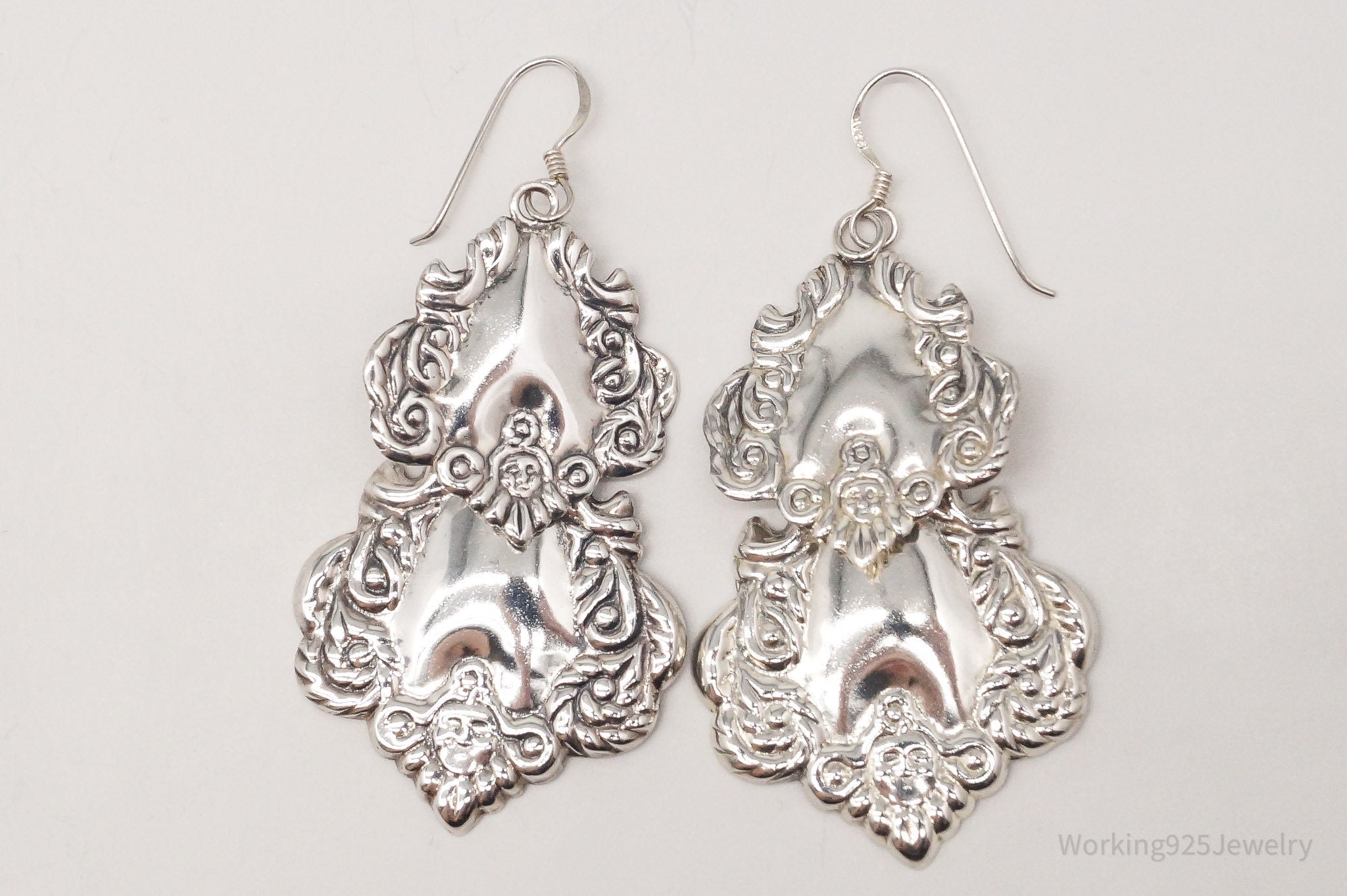 Vintage Large Repousse Sterling Silver Earrings