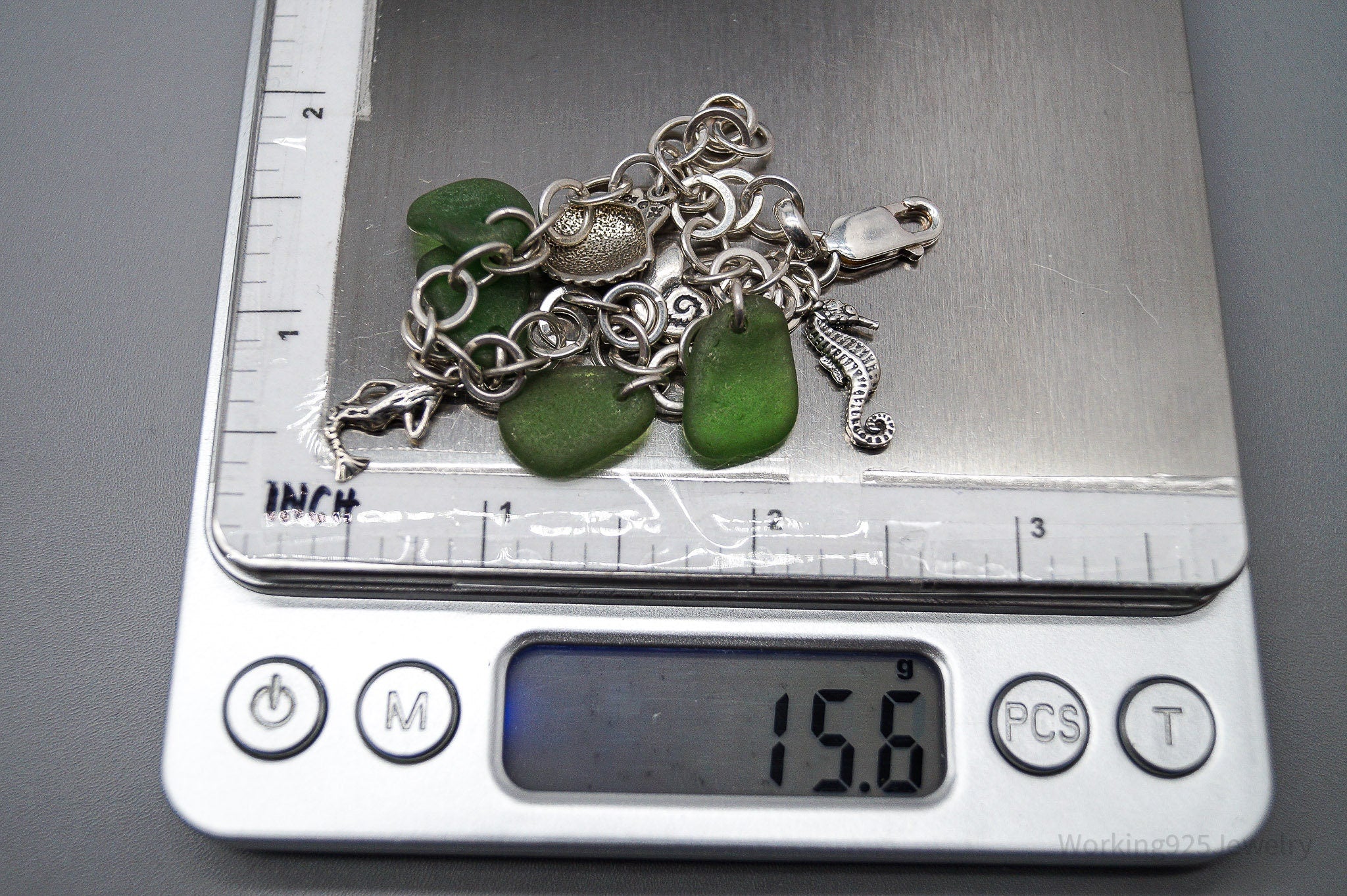 Vintage Ocean & Green Sea Glass Charms Sterling Silver Bracelet - 7.75"