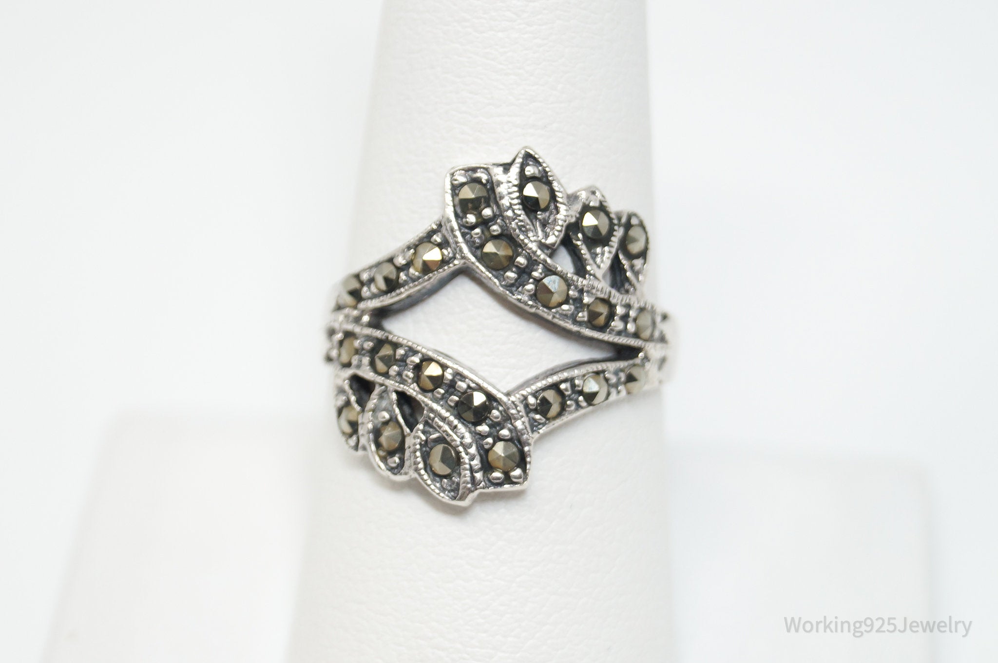 Vtg Art Deco Style Marcasite Ring Sterling Silver - Sz 8.75