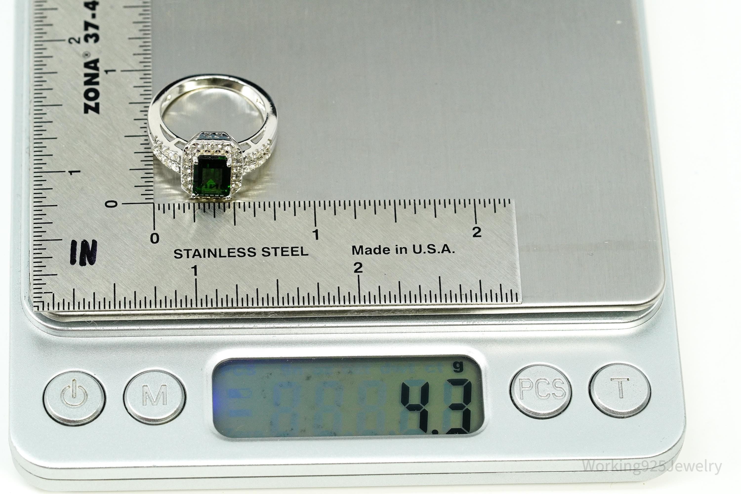 Vintage Emerald & White Topaz Sterling Silver Ring - Size 6