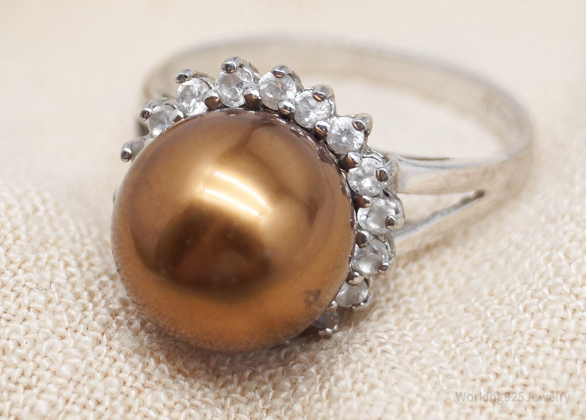 Vintage Pearl Cubic Zirconia Sterling Silver Ring - Size 7.75