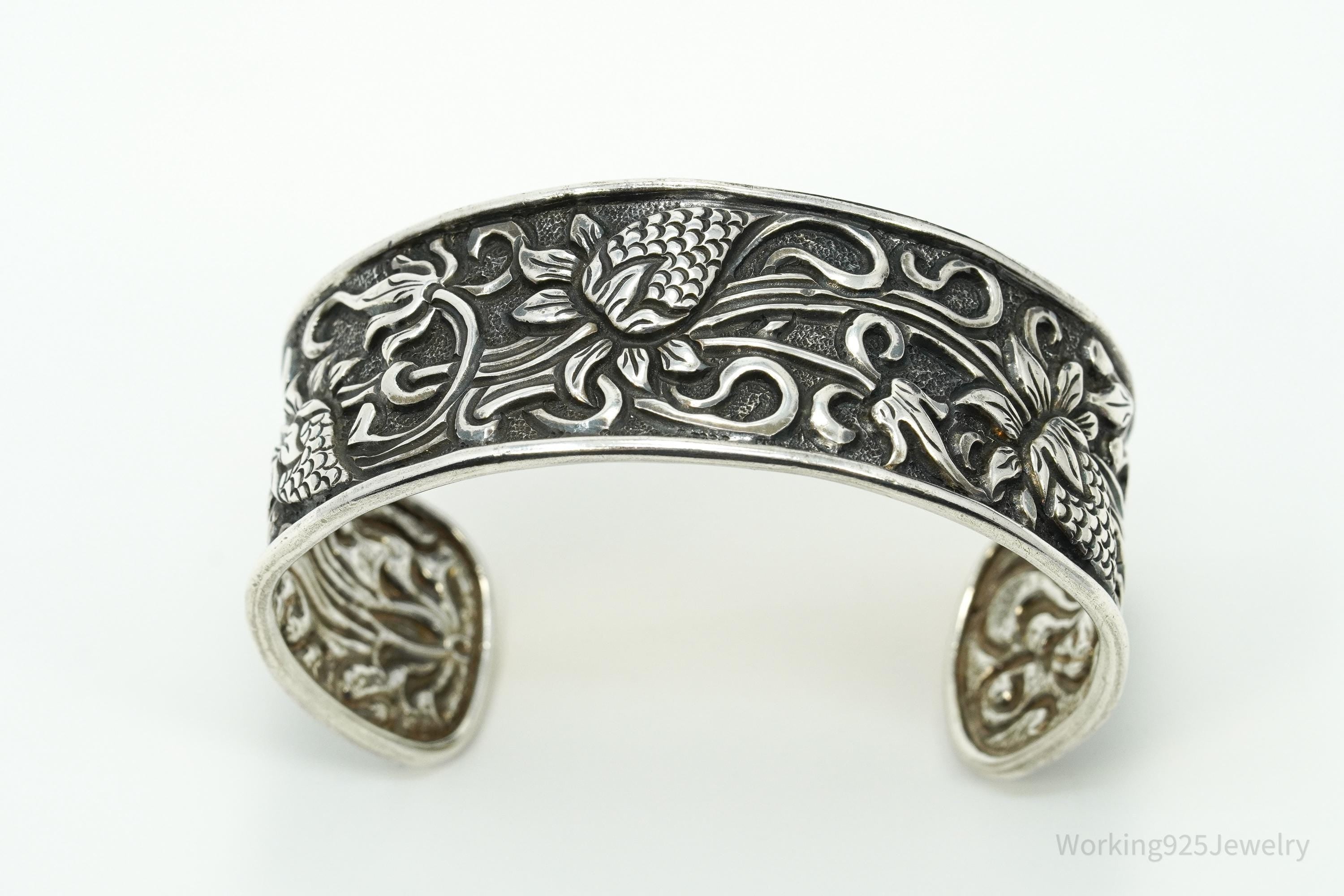 Vintage TIKA Strawberry Floral Pattern Repousse Sterling Silver Cuff Bracelet 7 5/8"