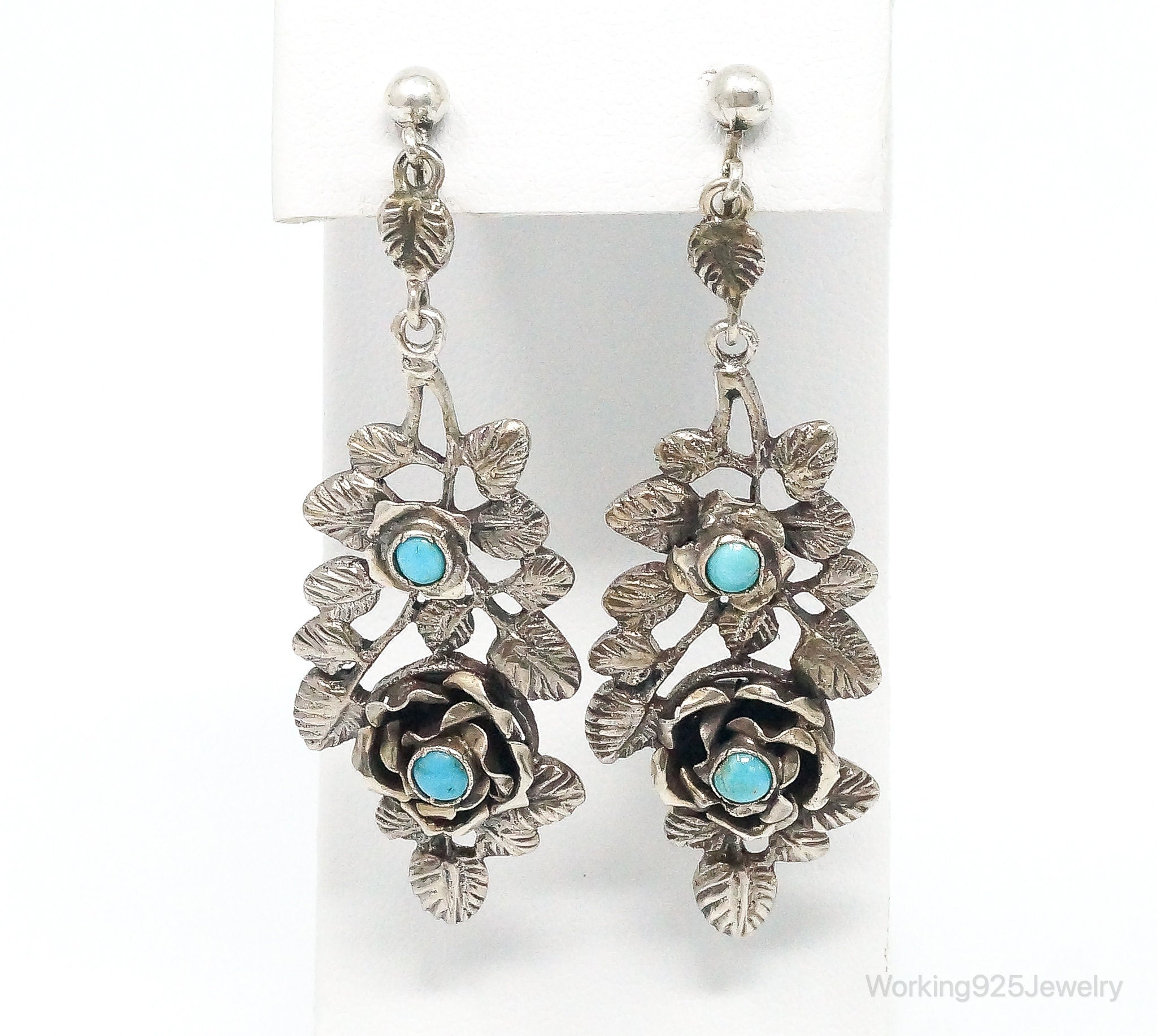 Vintage Screw Back Turquoise Flowers Long 800 Silver Earrings