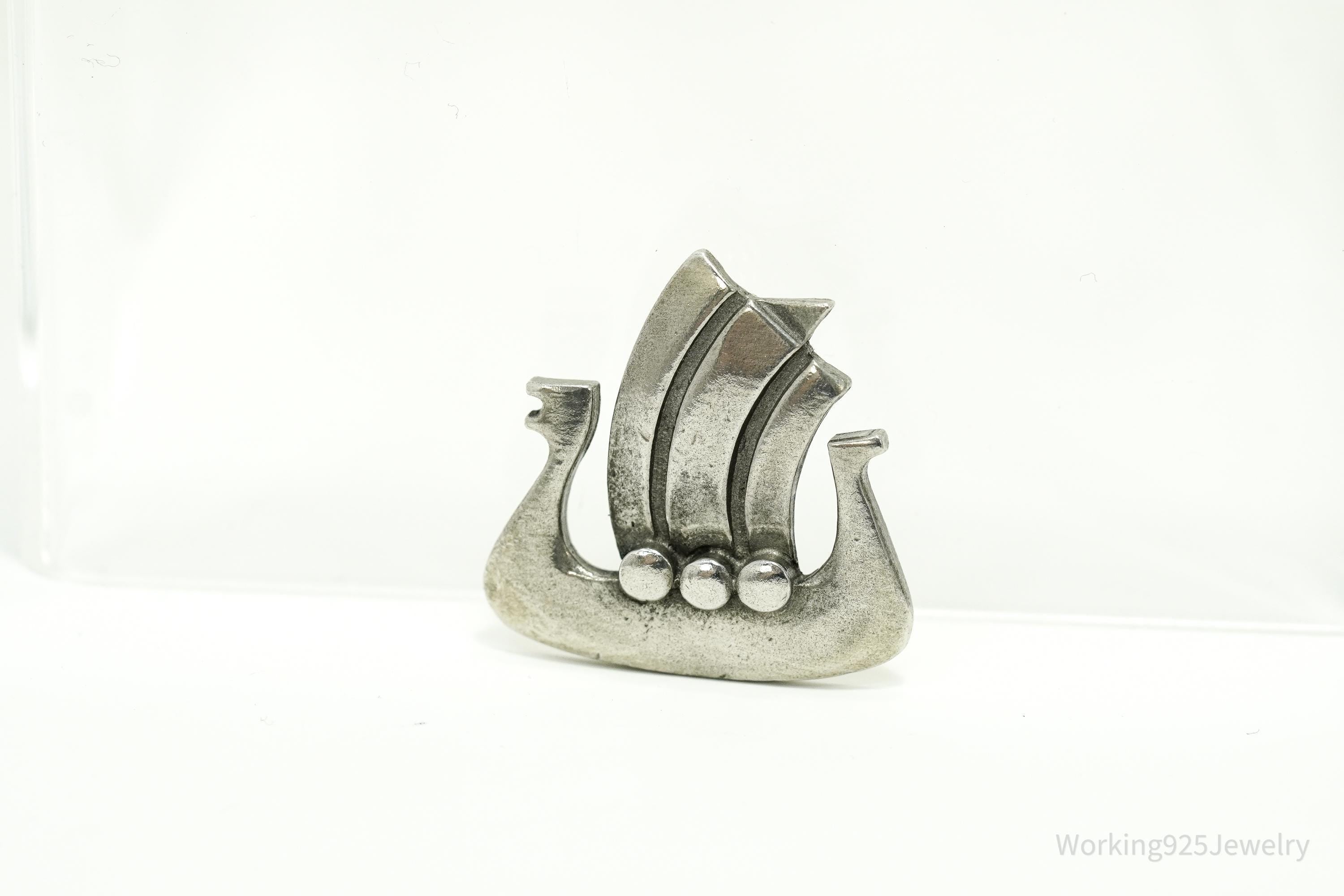 Vintage 1960s Swedish Modernist R. Tennesmed Pewter Viking Ship Brooch Pin