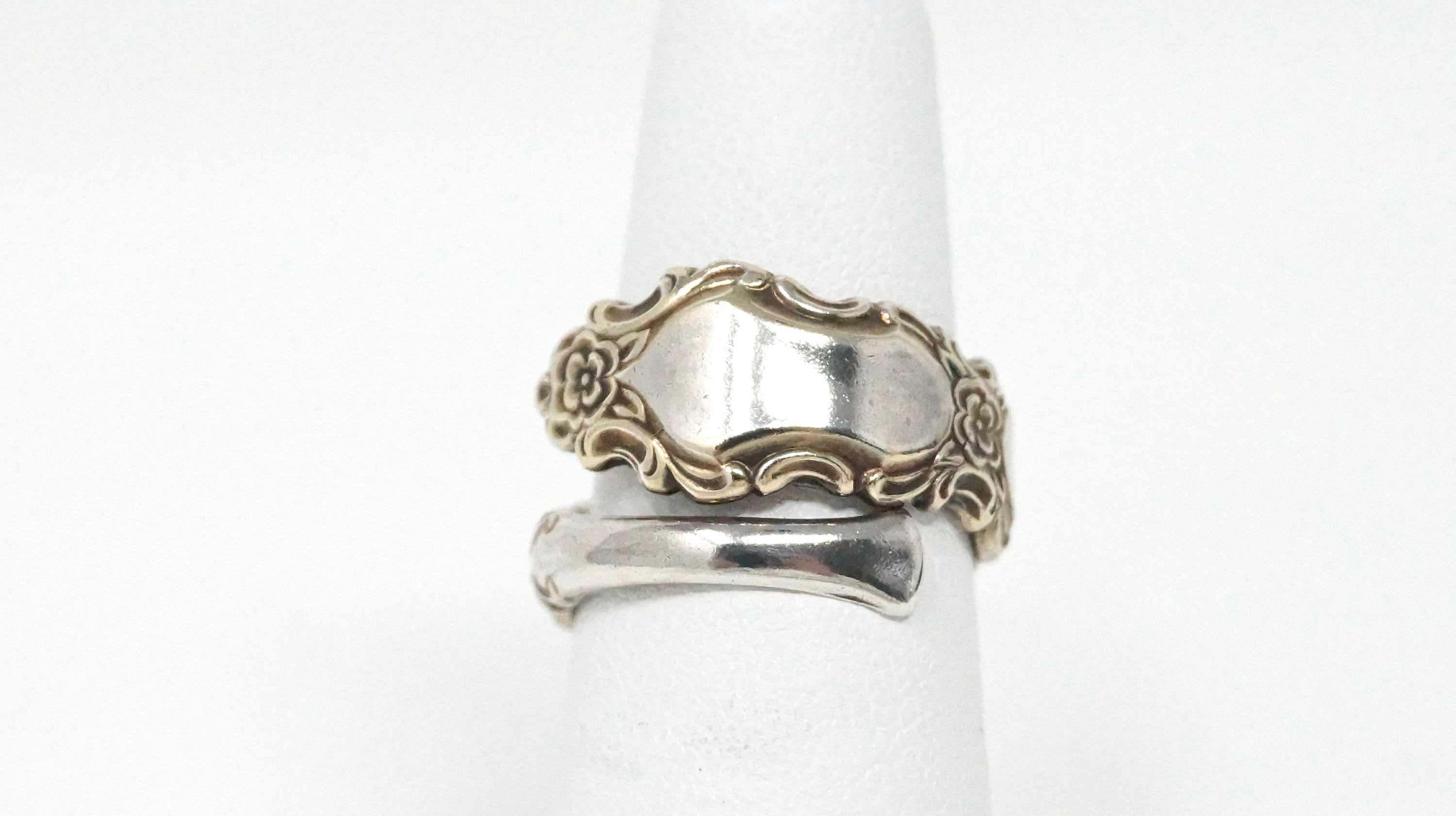 Vintage Mirror Floral Flower Spoon Wrap Sterling Silver Ring - Size 6 -