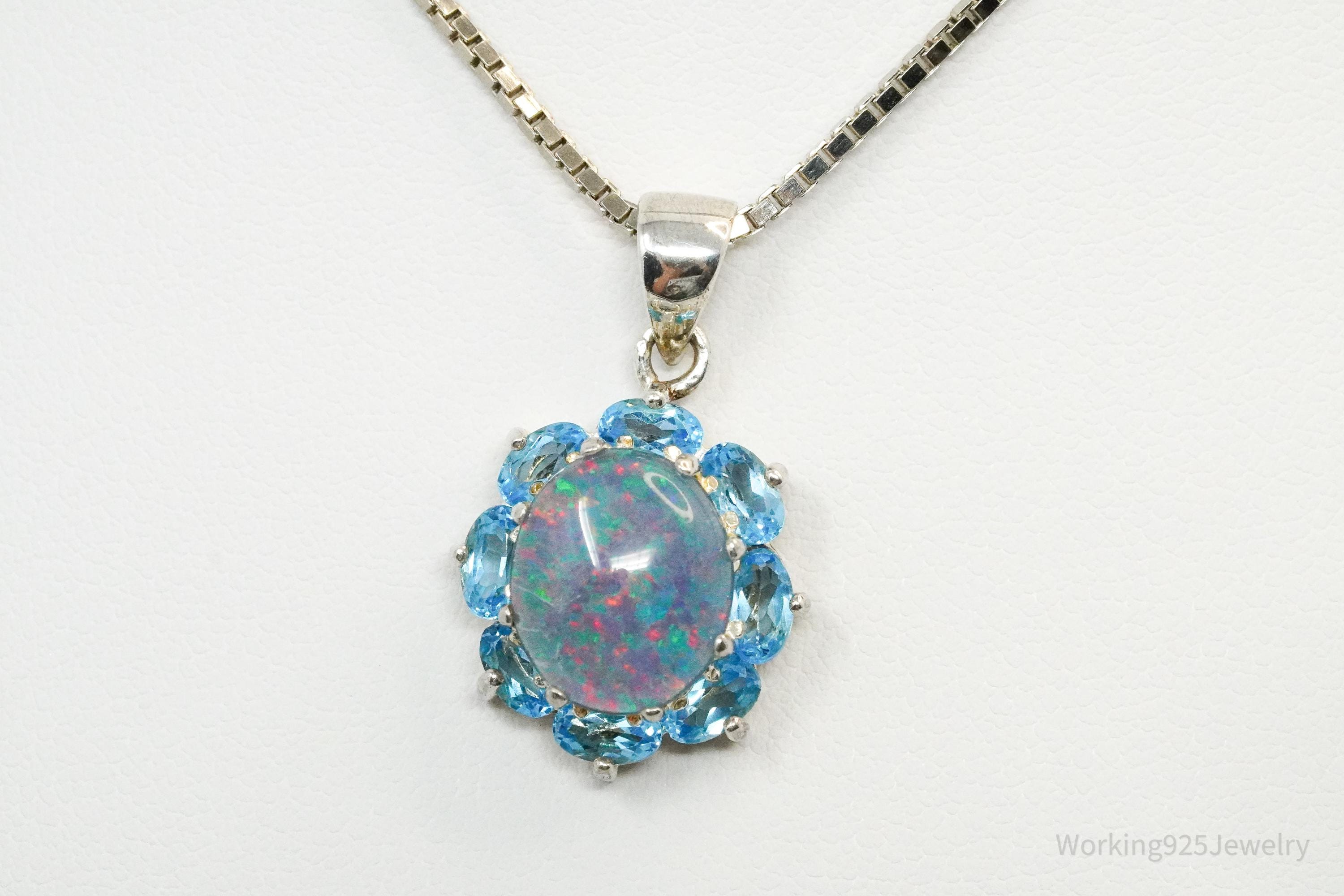 Vintage Opal & Blue Topaz Flower Sterling Silver Necklace 16"