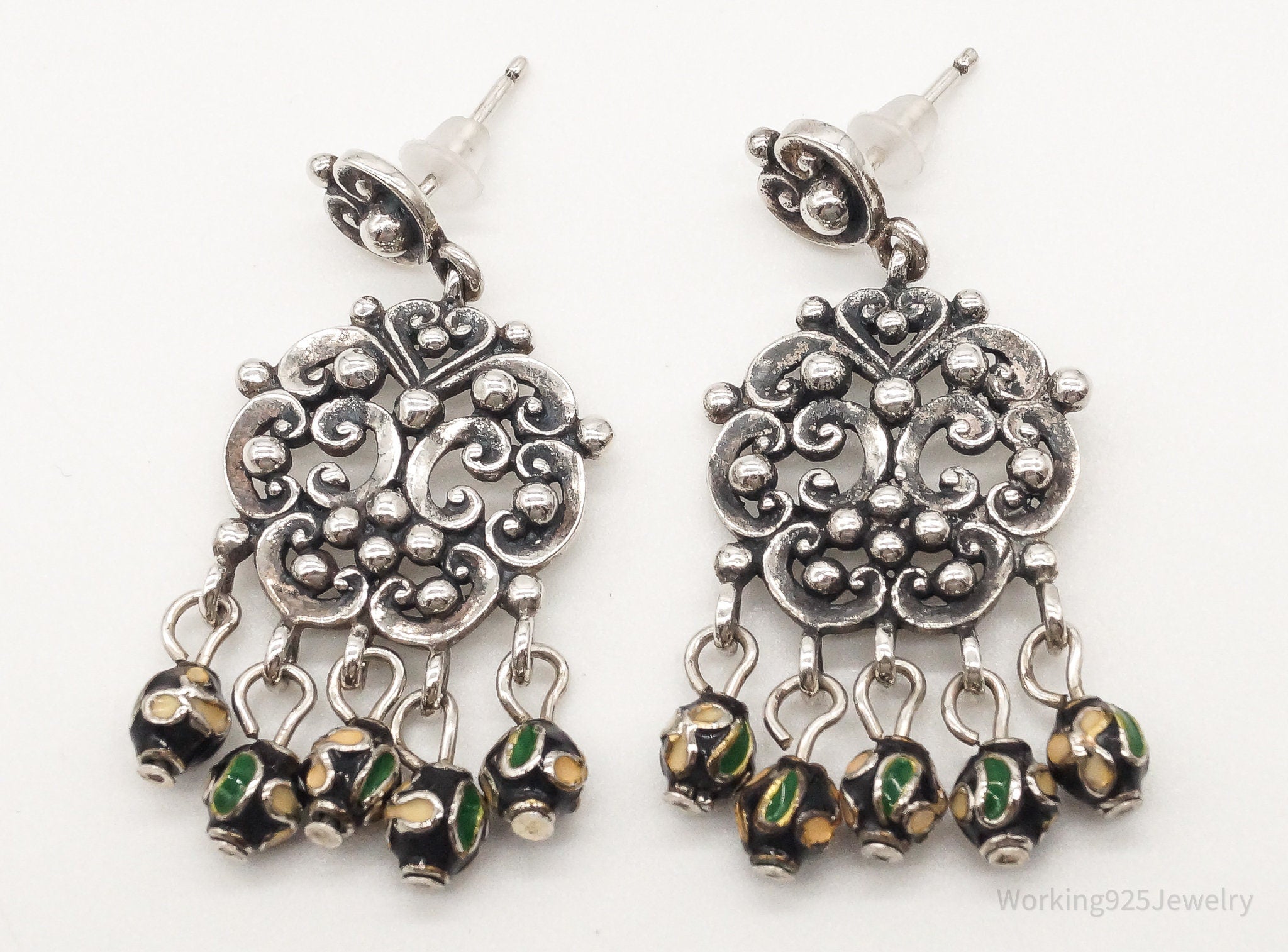 Vintage Thai Chandelier Cloisonne Bead Sterling Silver Earrings