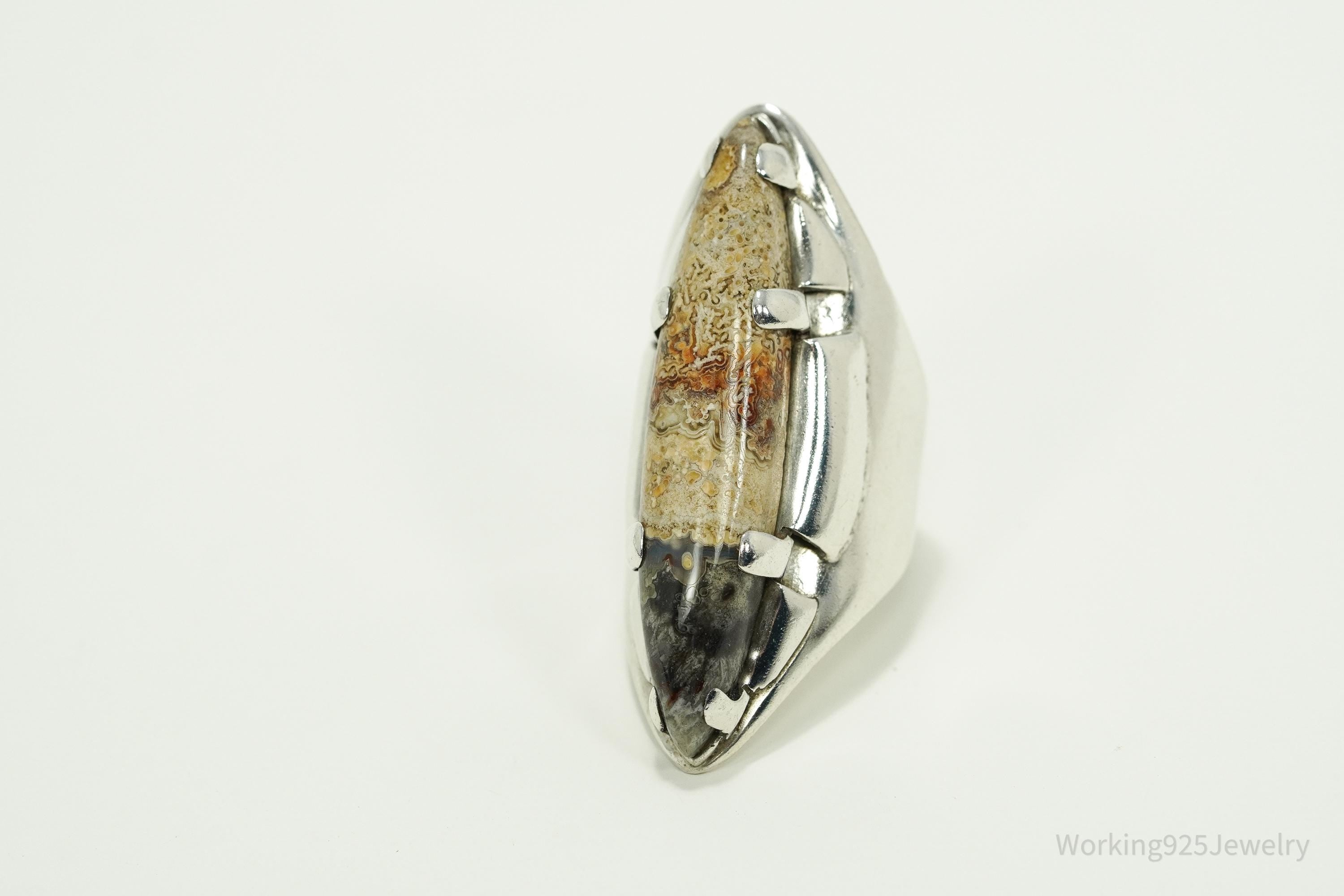 Vintage Large Agate Silver Ring - Size 7.5