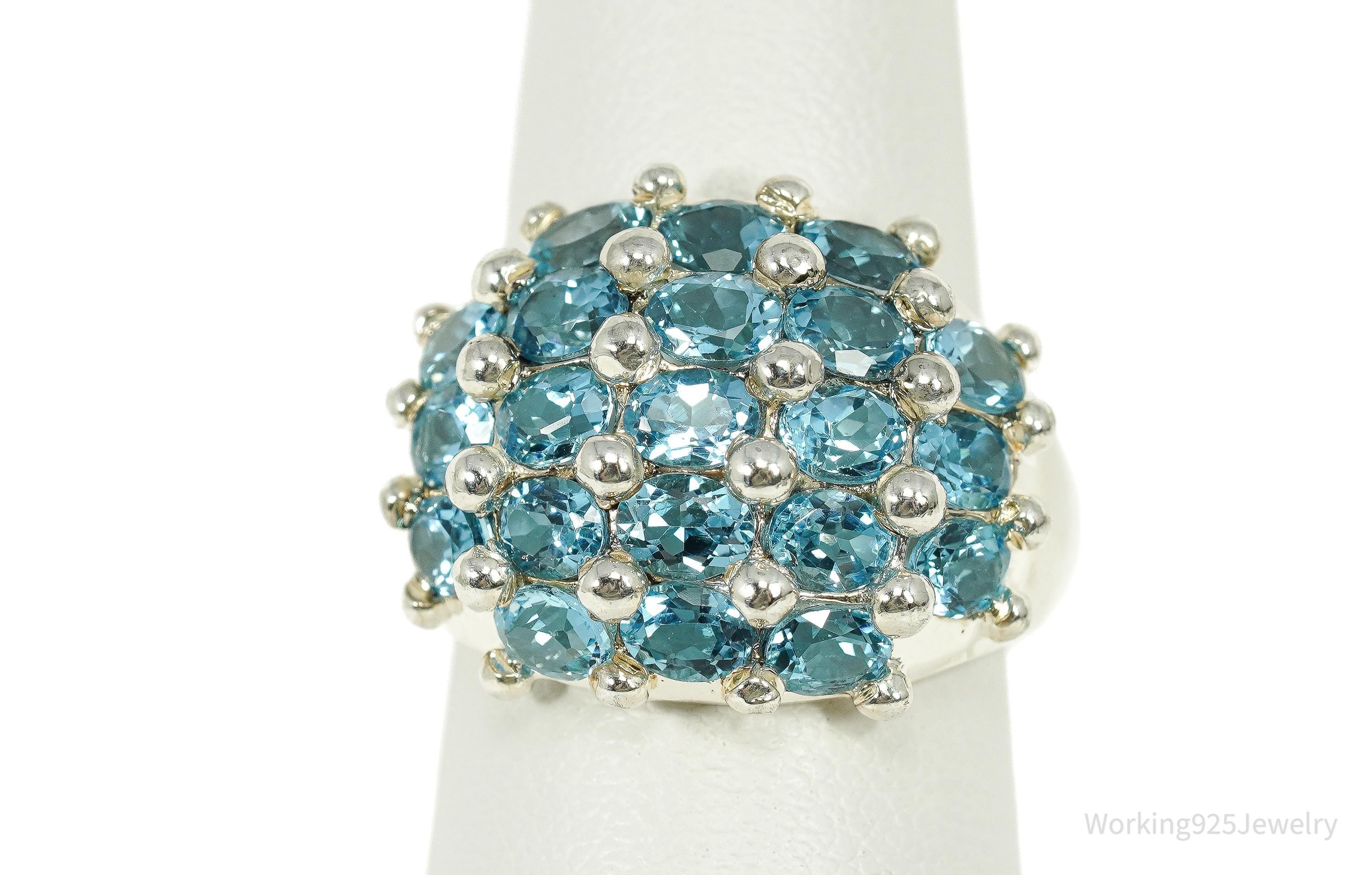 Vintage Blue Topaz Cluster Sterling Silver Ring - Size 6.25