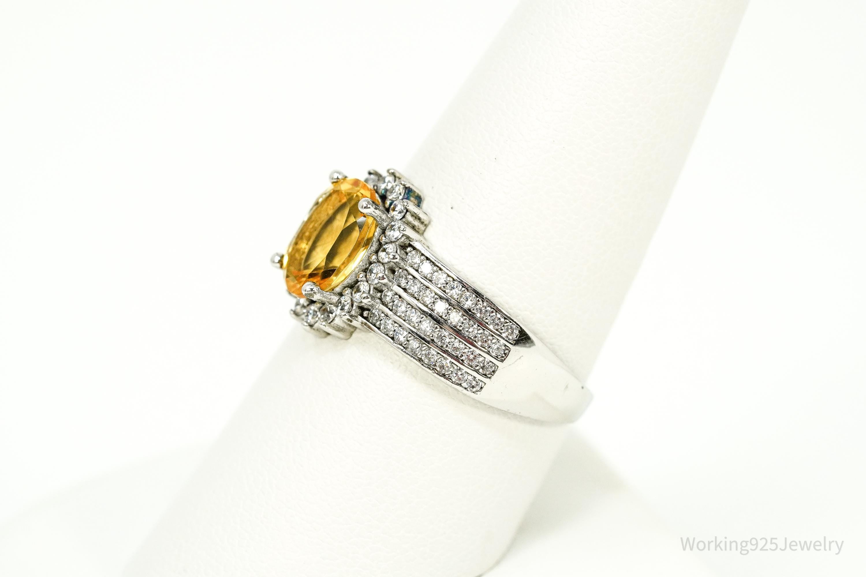 Vintage Citrine & Cubic Zirconia Sterling Silver Ring - Size 9