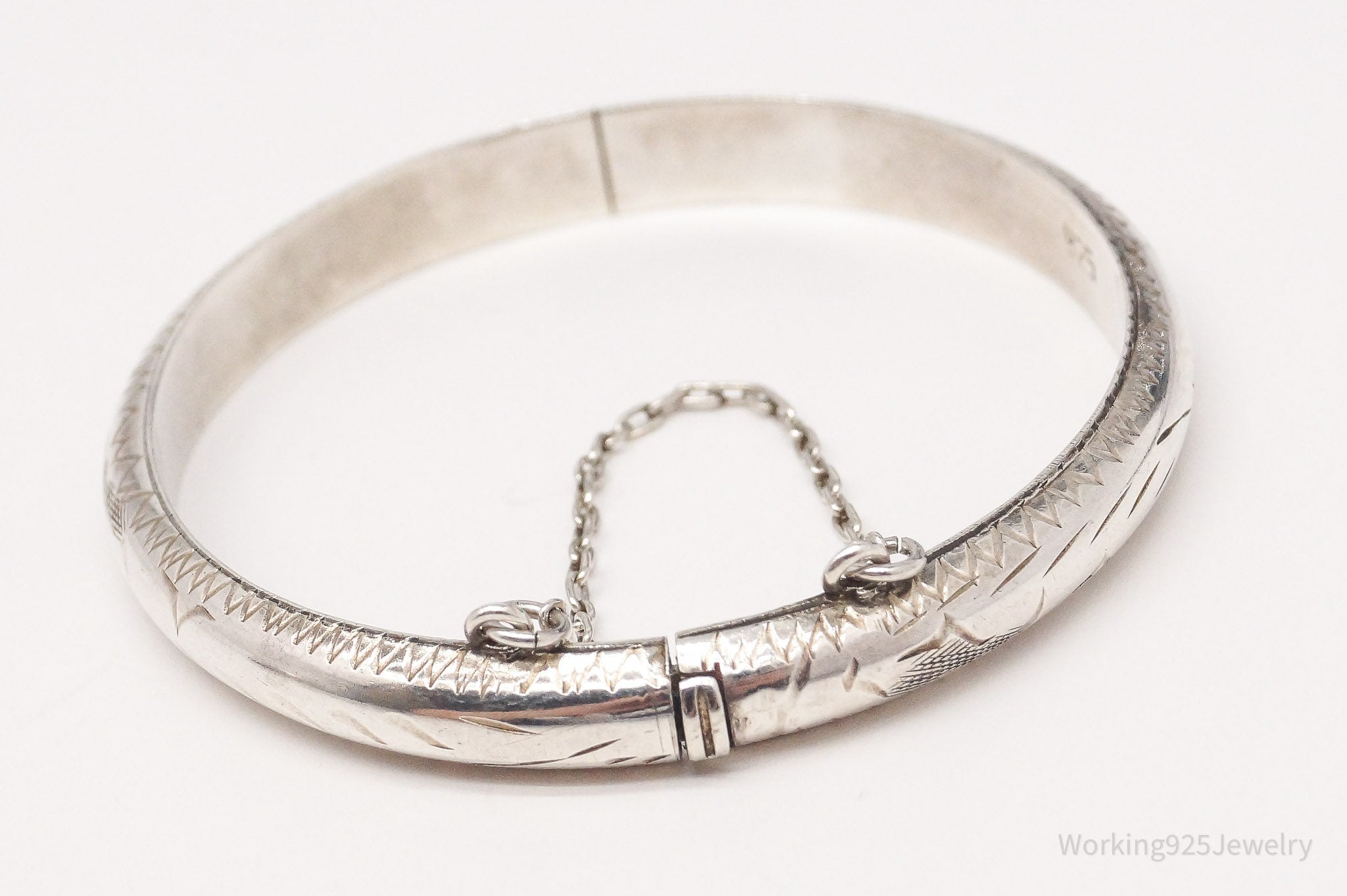 Vintage Etched Sterling Silver Bangle Bracelet 5 3/16"