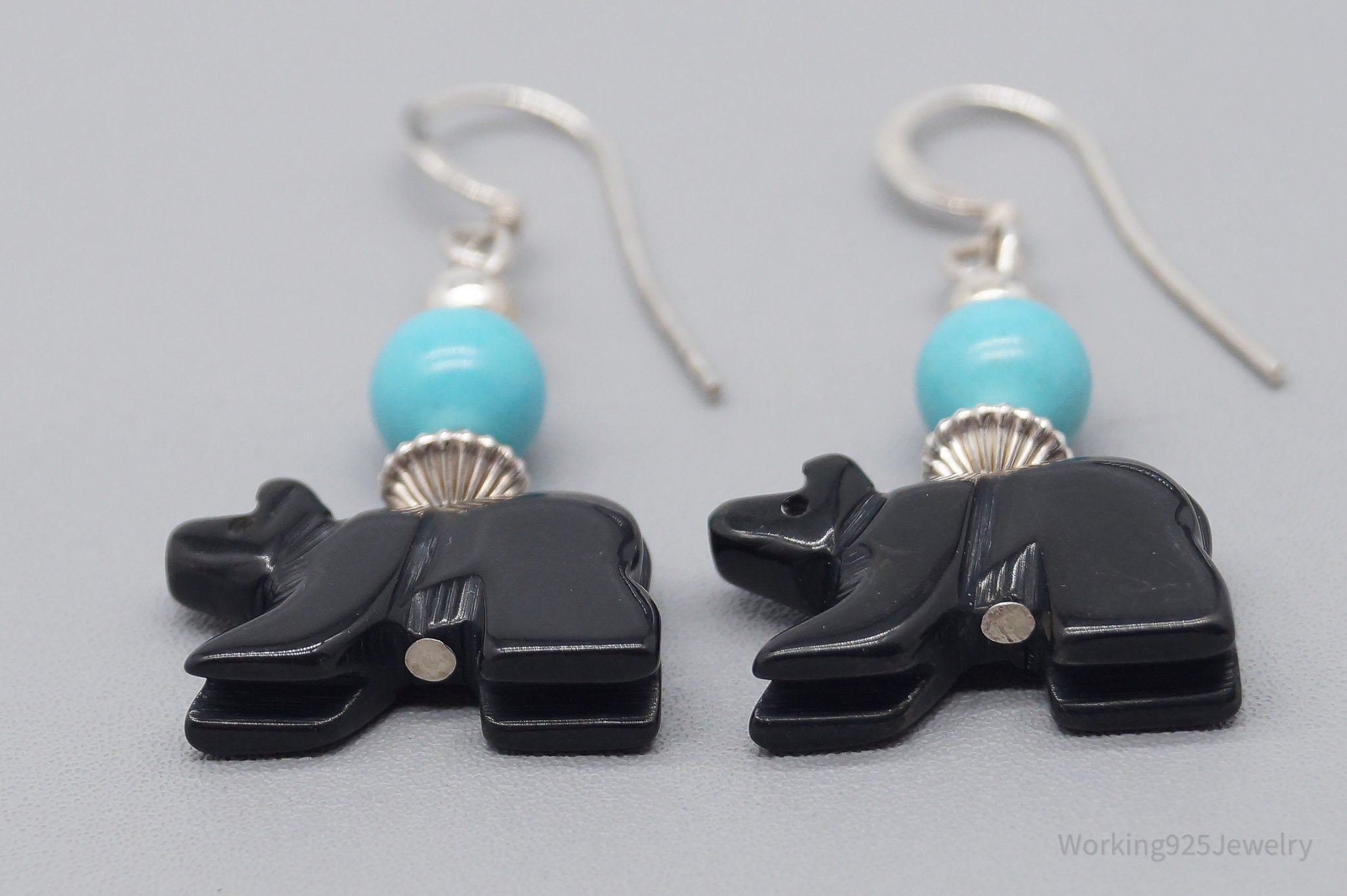 Vintage Turquoise & Carved Black Onyx Bears Sterling Silver Earrings