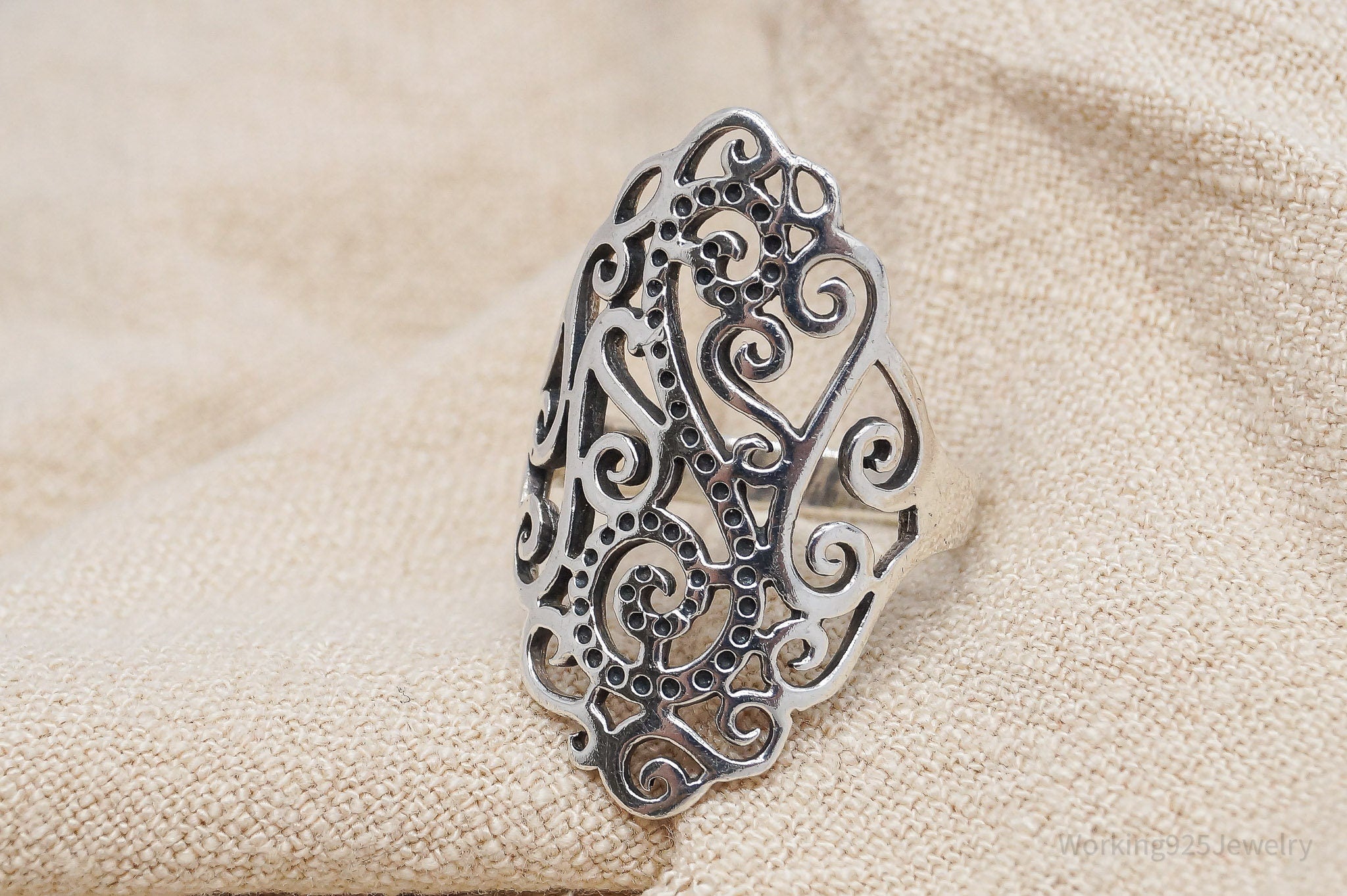 Vintage Long Scroll Swirls Filigree Sterling Silver Ring - Size 6.5