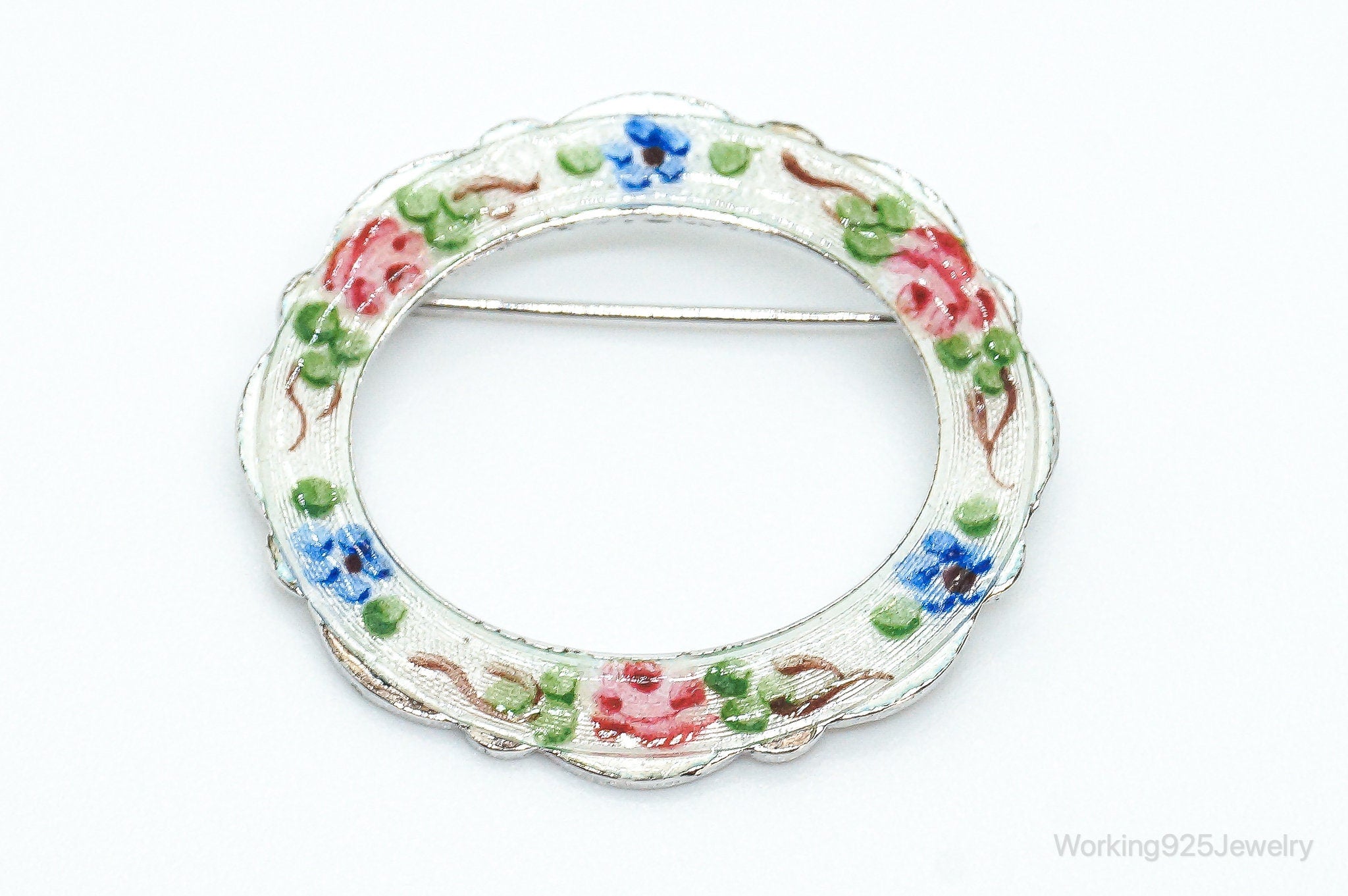 Vintage French LaMode Enamel Flowers Sterling Silver Brooch Pin