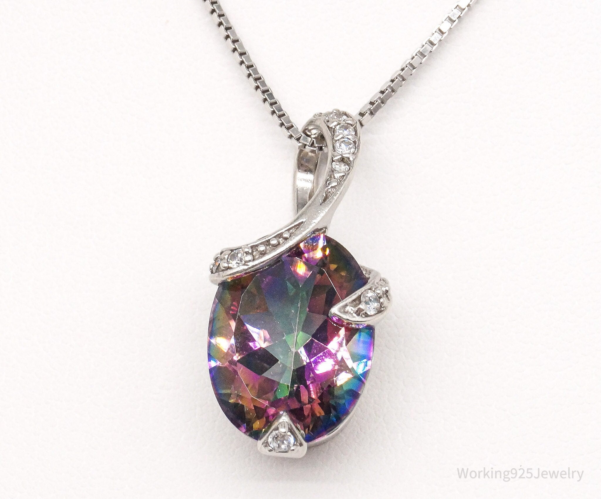 Vintage Large Mystic Topaz Cubic Zirconia Sterling Silver Necklace 18"